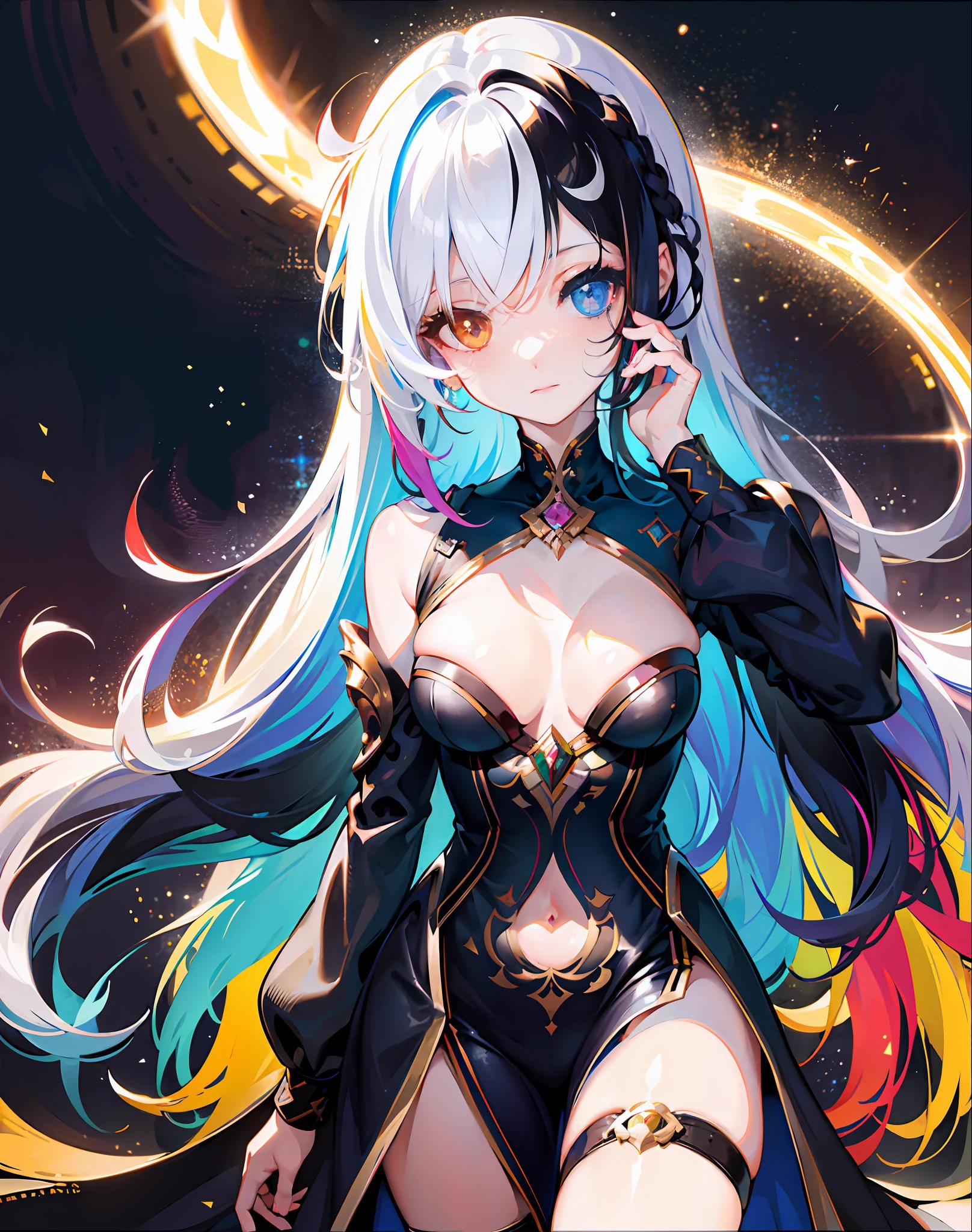 {{masterpiece}}, best quality, cinematic lighting, lens flare, medium breasts, beautiful detail eyes, multicolor hair, colorful light particles, heterochromia, (colorful:1.5), (colorful hair:1.5),