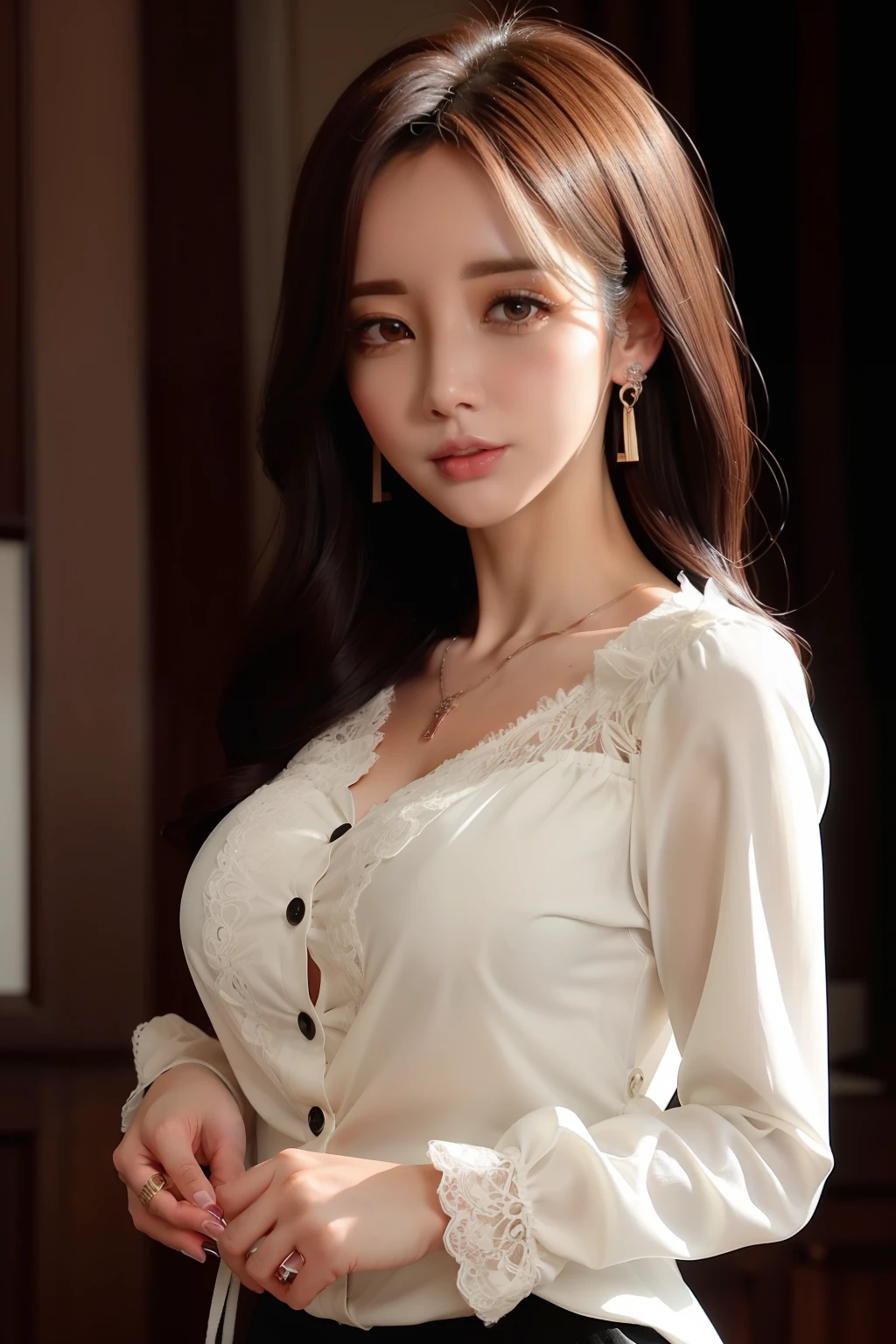 Buttons up to the middle of the shirt:1.2)、(Floral blouse)、(Blouse with ribbon:1.1)、small tits、Shallow valley、top-quality、​masterpiece、illustratio、extremely delicate and beautiful、ighly detailed、nffsw、Unity、8k wallpaper、astonishing、finely detail、Highly detailed ticker Unity 8K wallpapers、huge filesize、ighly detailed、hight resolution、Handsome detailed woman、extremely detailed eye and face、 Stunning detailed eyes、Facial light、(The best illustrations:1.1)、(Best Shadows:1.1)、超A high resolution、(Photorealsitic:1.1)、(Photorealistic 1.2:1.1)、Realistic facial proportions、Slimed、A smile、(makeups:0.4)、(fluffy black eyes:1.21)、Black eyes、Look at viewers、dark brown hair、large earring、a necklace、hair pin、cowboy  shot、(Irregular irregular skin defects、vein、Wrinkled pores on the skin:1.2)、(Dark night background: 1.2)、(bokeh dof:1.4)、atlibrary、Red round glasses with a thin frame、have a pen、no-bra、Reading a book、full bodyesbian、Black tight mini skirt、high-heels、put your hair up、