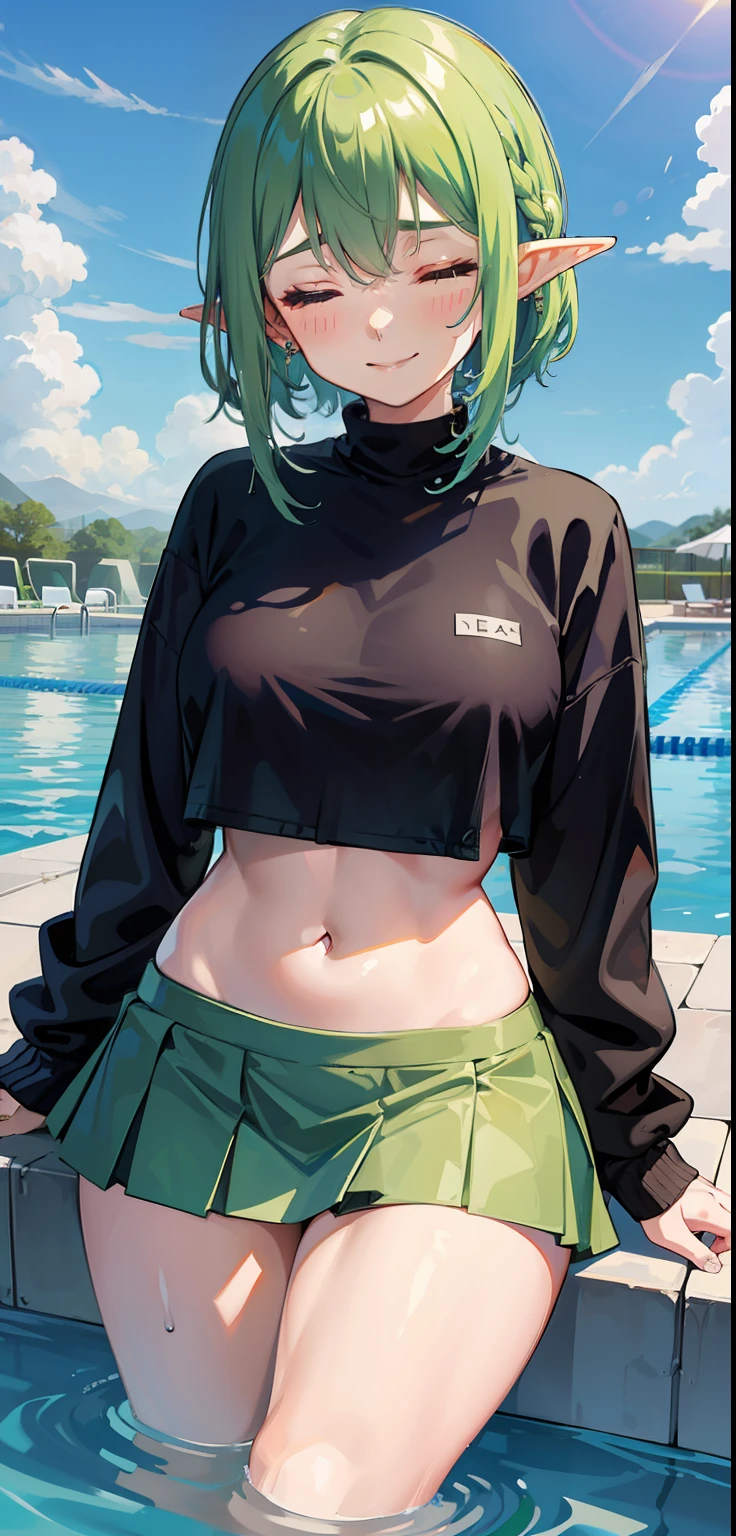 1 Girl, closed eyes, nose, elf ear, eyebrow, smiling, teeth, big green hair, dyed nape blue, bangs, hair between eyes, Watery Big Eyes Sukumizu Wet Hair Hair Spread Out Ear Stud Swimming Pool, lora :add_detail, short tummy sweatshirt, short skirt, slim waist, tummy, big chest, thick legs, big thighs, standing