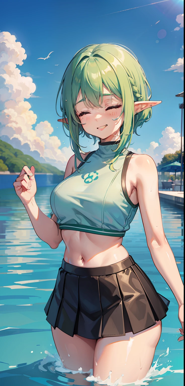 1 Girl, closed eyes, nose, elf ear, eyebrow, smiling, teeth, big green hair, dyed nape blue, bangs, hair between eyes, Watery Big Eyes Sukumizu Wet Hair Hair Spread Out Ear Stud Swimming Pool, lora :add_detail, short tummy sweatshirt, short skirt, slim waist, tummy, big chest, thick legs, big thighs, standing