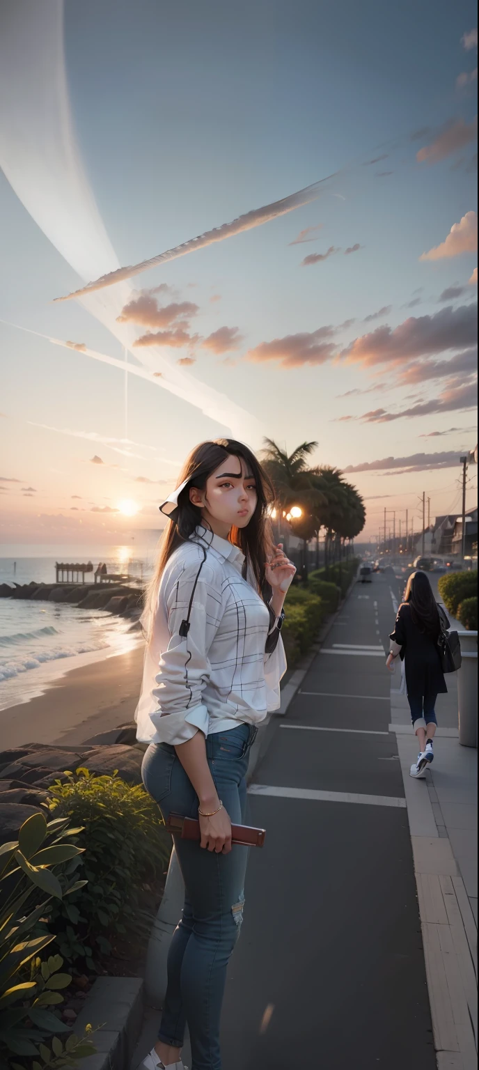 Black checks on white shirt, natural background, sea view, white shoe, jeans, long hair, fashionable, trendy