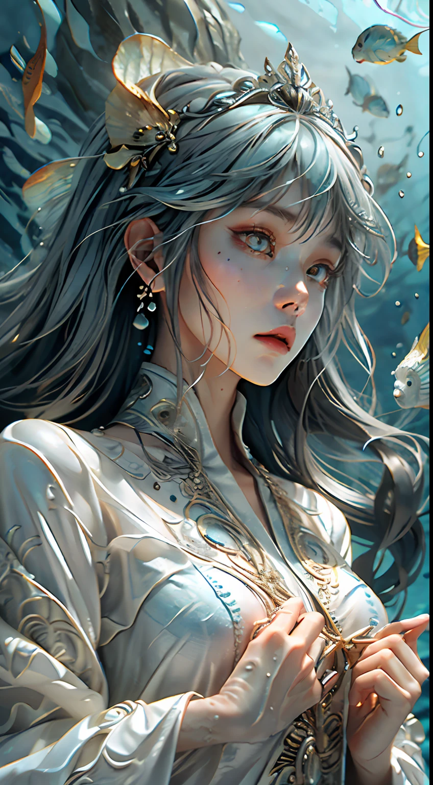 girl, 18 years old, small breast, wearing white dress, Flowing robes, detailed dress ornament, flowing hair, glowing hair, hair ornament, light on face, intricate magical circles, glowing runes, shimmering aura, intense focus, arcane incantations, crackling energy, levitating artifacts, ethereal staff, swirling mist, sparkling motes, mystical crystals, glowing sigils, intricate hand movements, otherworldly chanting, mysterious symbols, powerful invocation, transcendent awareness, phoenix dress, (underwater:1.8), (white dress, Iridescent rainbow hair:1.55), (((water bubbles, colorful fish, beautiful coral life))), (detailed fabric, detailed ornament:1.4), fantasy, Haircut model by Side braid, possed is Lying down pose, sharp green, shooting angle is Rim lighting shot, time is Rim Light, BREAK hyper realistic, intricate design, insanely detailed, extremely fine details, Extremely sharp lines, cinematic lighting, Photo realistic, a detailed painting by Esao Andrews and Anton Fadeev, Raw photo, high detailed, 8k, UHD, dslr, softlighting, HDR, warm light, high quality, film grain, fujifilm XT3, photorealistic, masterpiece, best quality, hyper-detailed, 8K, warm lighting, soft lighting, masterpiece, best quality, detailed, highest quality, ultra detailed, highres, cinematic light, splendid and colorful, out of focus, RAW photograph, art portrait, absurdres, high contrast, colorful, highest details,