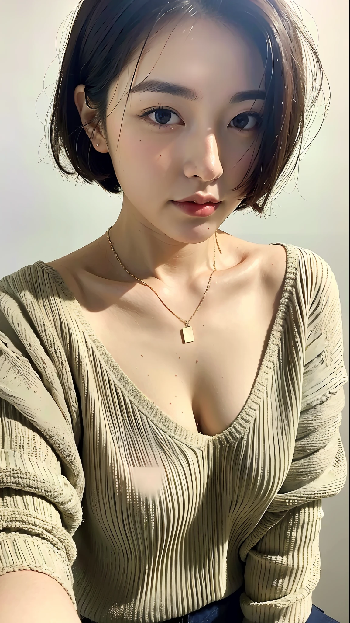 (Best quality, 8k, 32k, Masterpiece, UHD:1.2),Photo of Pretty Japanese woman, large breasts, very short bob hair,upper body,face focus,oversized_sweater, necklace, simple background, from above, looking at viewer,