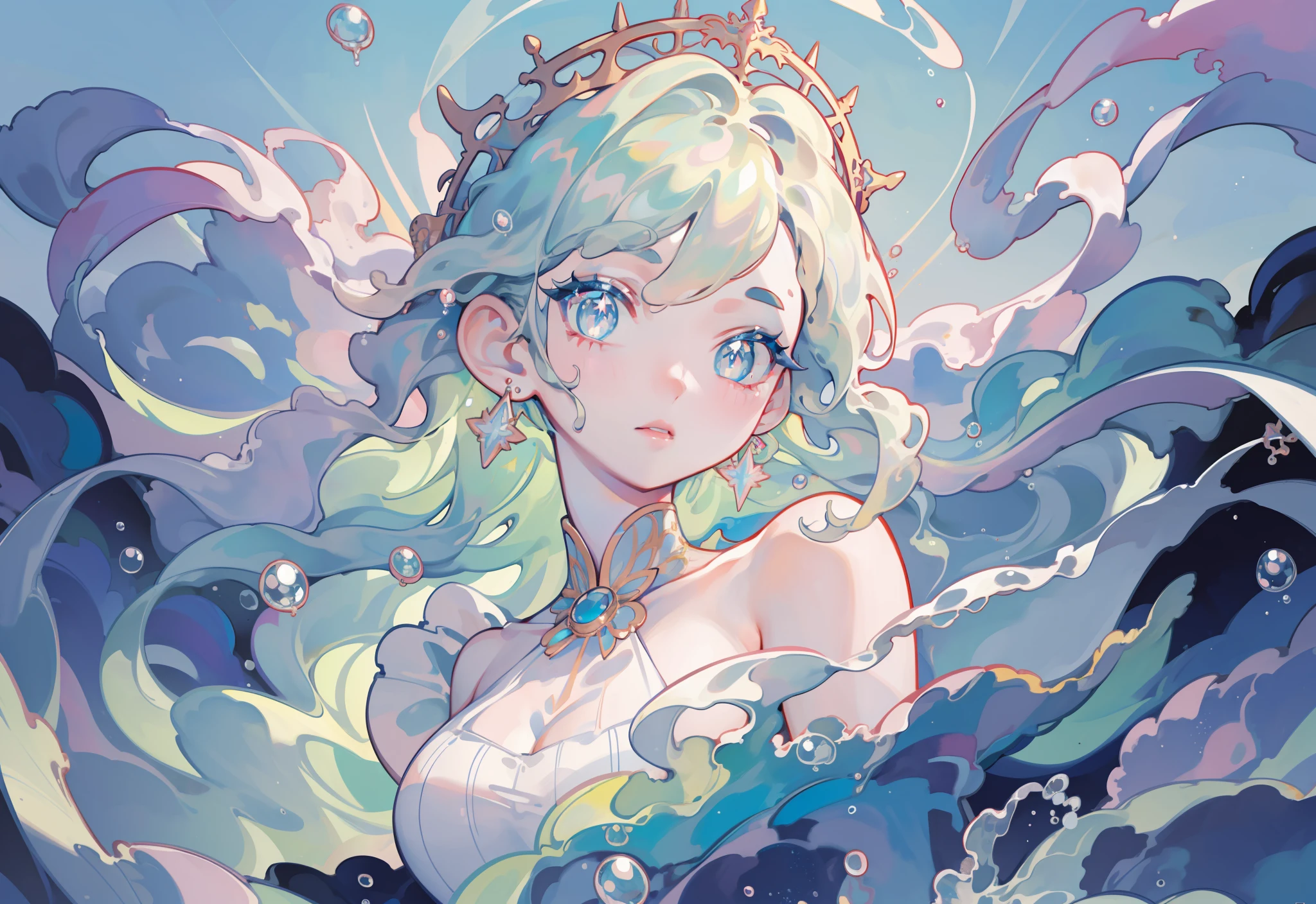 masterpiece, best quality, 8k resolution, sharp focus, intricate detail, beautiful girl, sparkling eyes, golden ratio face, otherworldly liquid, watercolor, pastel colors, bright colors, whimsical, colorful, sharp focus, high resolution, fine detail, liquid ballgown, ((round eyes))