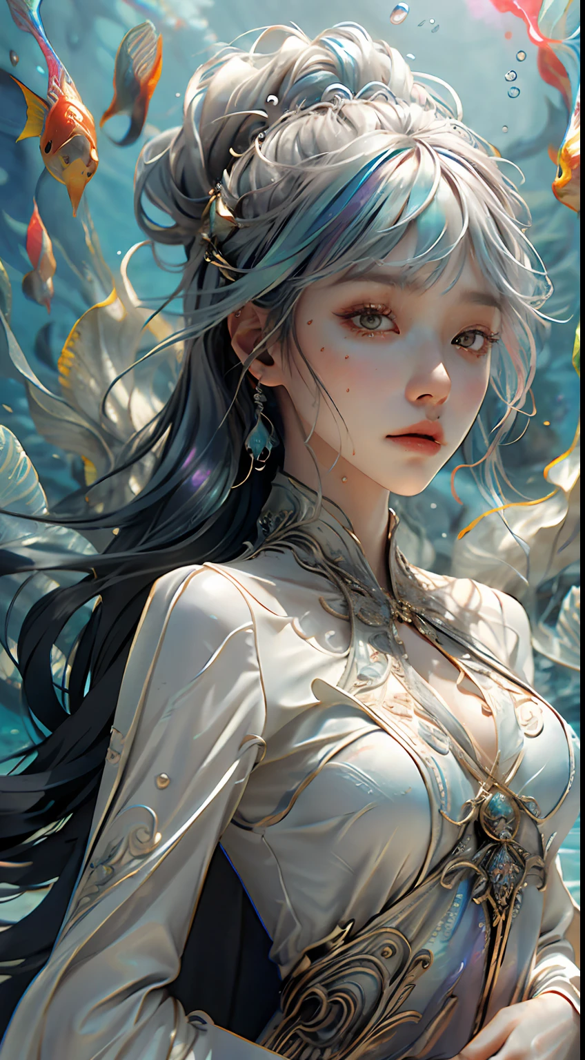 girl, 18 years old, small breast, wearing white dress, Flowing robes, detailed dress ornament, flowing hair, glowing hair, hair ornament, light on face, intricate magical circles, glowing runes, shimmering aura, intense focus, arcane incantations, crackling energy, levitating artifacts, ethereal staff, swirling mist, sparkling motes, mystical crystals, glowing sigils, intricate hand movements, otherworldly chanting, mysterious symbols, powerful invocation, transcendent awareness, phoenix dress, (underwater:1.8), (white dress, Iridescent rainbow hair:1.55), (((water bubbles, colorful fish, beautiful coral life))), (detailed fabric, detailed ornament:1.4), fantasy, Haircut model by Side braid, possed is Lying down pose, sharp green, shooting angle is Rim lighting shot, time is Rim Light, BREAK hyper realistic, intricate design, insanely detailed, extremely fine details, Extremely sharp lines, cinematic lighting, Photo realistic, a detailed painting by Esao Andrews and Anton Fadeev, Raw photo, high detailed, 8k, UHD, dslr, softlighting, HDR, warm light, high quality, film grain, fujifilm XT3, photorealistic, masterpiece, best quality, hyper-detailed, 8K, warm lighting, soft lighting, masterpiece, best quality, detailed, highest quality, ultra detailed, highres, cinematic light, splendid and colorful, out of focus, RAW photograph, art portrait, absurdres, high contrast, colorful, highest details,