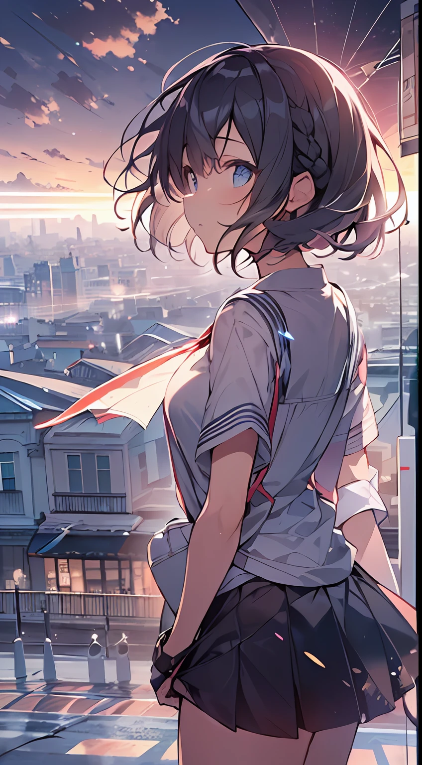 masutepiece, Best Quality,Illustration, Wallpaper, Ultra Detail, absurderes, 1girl in, Solo, (Medium short hair、short braided hair), Beautiful detailed eyes , (Street:1.3), luminous sky、Hair that flutters in the wind,(a panoramic view:1.3),(Sense of depth:1.5),(longshot:1.3)