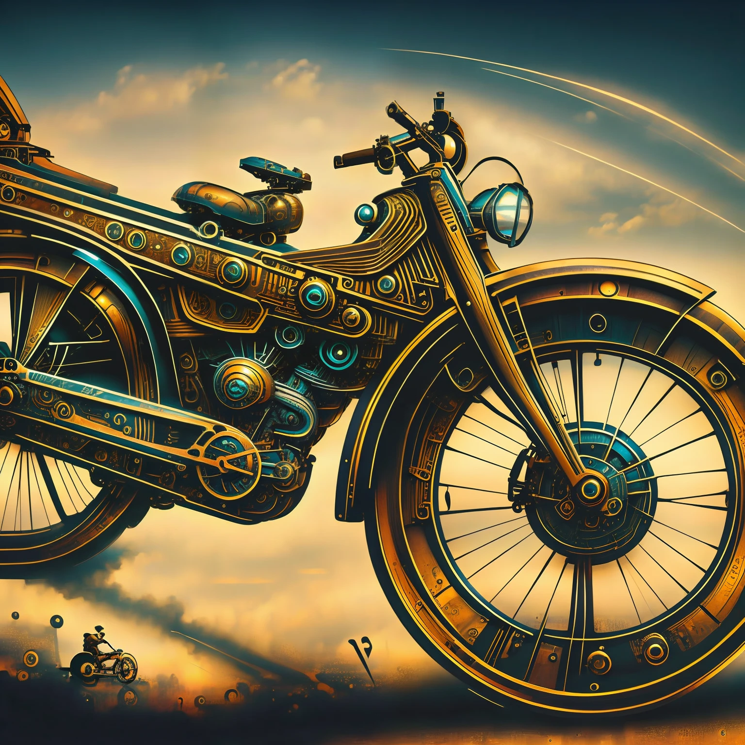 (steampunkai Swoon), uma bicicleta de lado em estilo steampunk, (cores,Colouring,32 k),USA ,super detalhado,