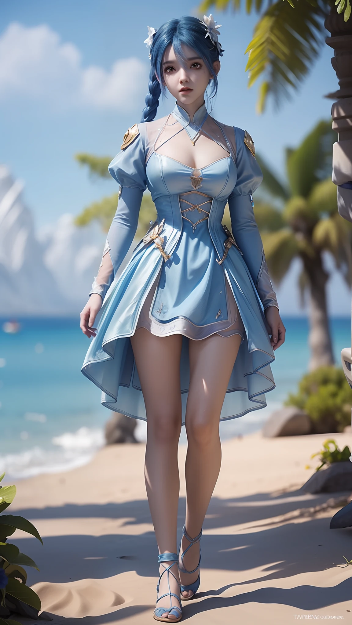 Arad woman in blue dress and white shirt walking on the beach, photorealistic anime girl rendering, render of a cute 3d anime girl, 3 D rendering character art 8 K, realistic fantasy rendering, Costume with blue accents, wearing fantasy clothing, fantasyoutfit, fantasy style clothing, hyper-detailed fantasy character, stuning fantasy 3 d render