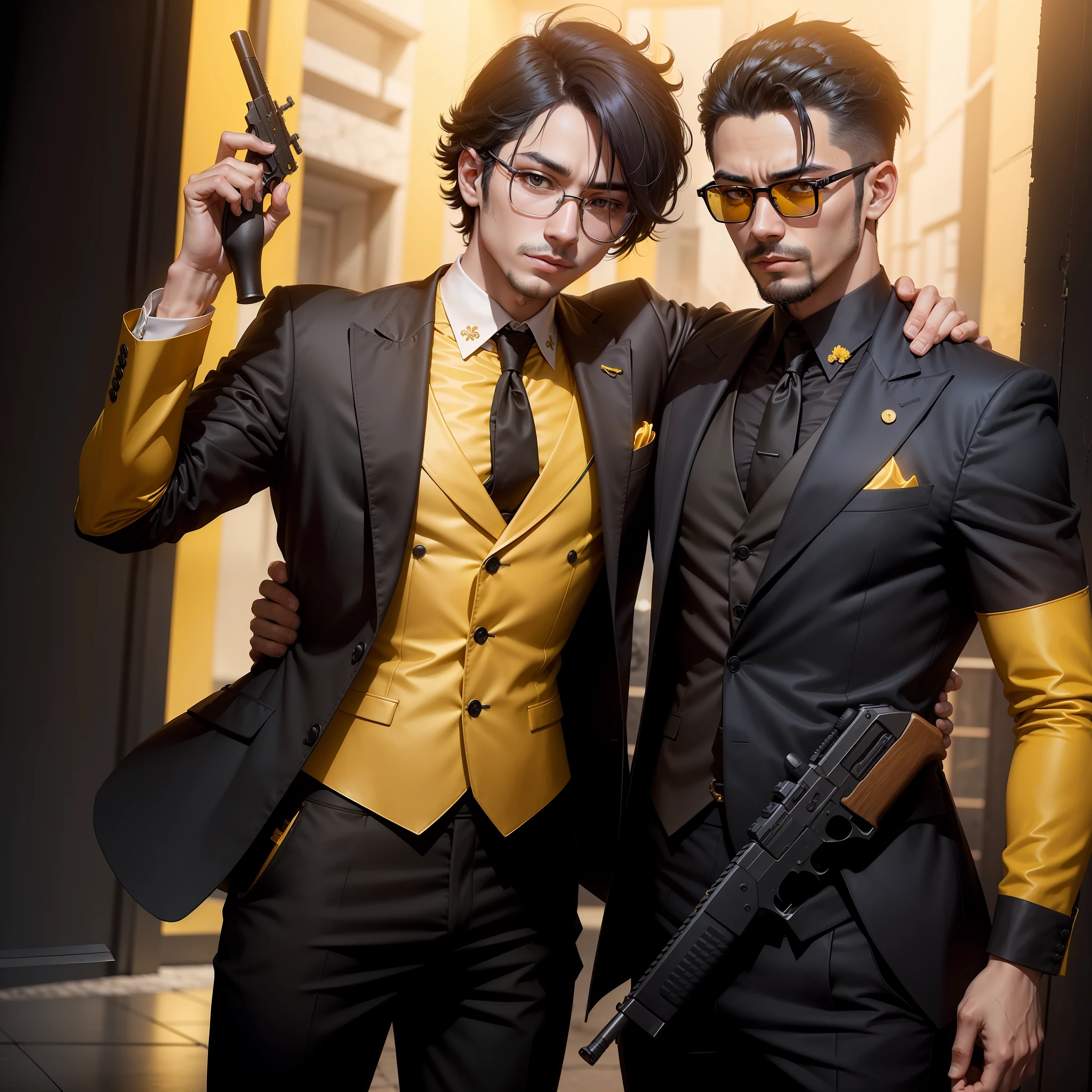 A man with two knives on his back,No beard,Yellow people,Black color hair,Interpol,Lunette de soleil,Shoot with a silenced pistol,Flaming。