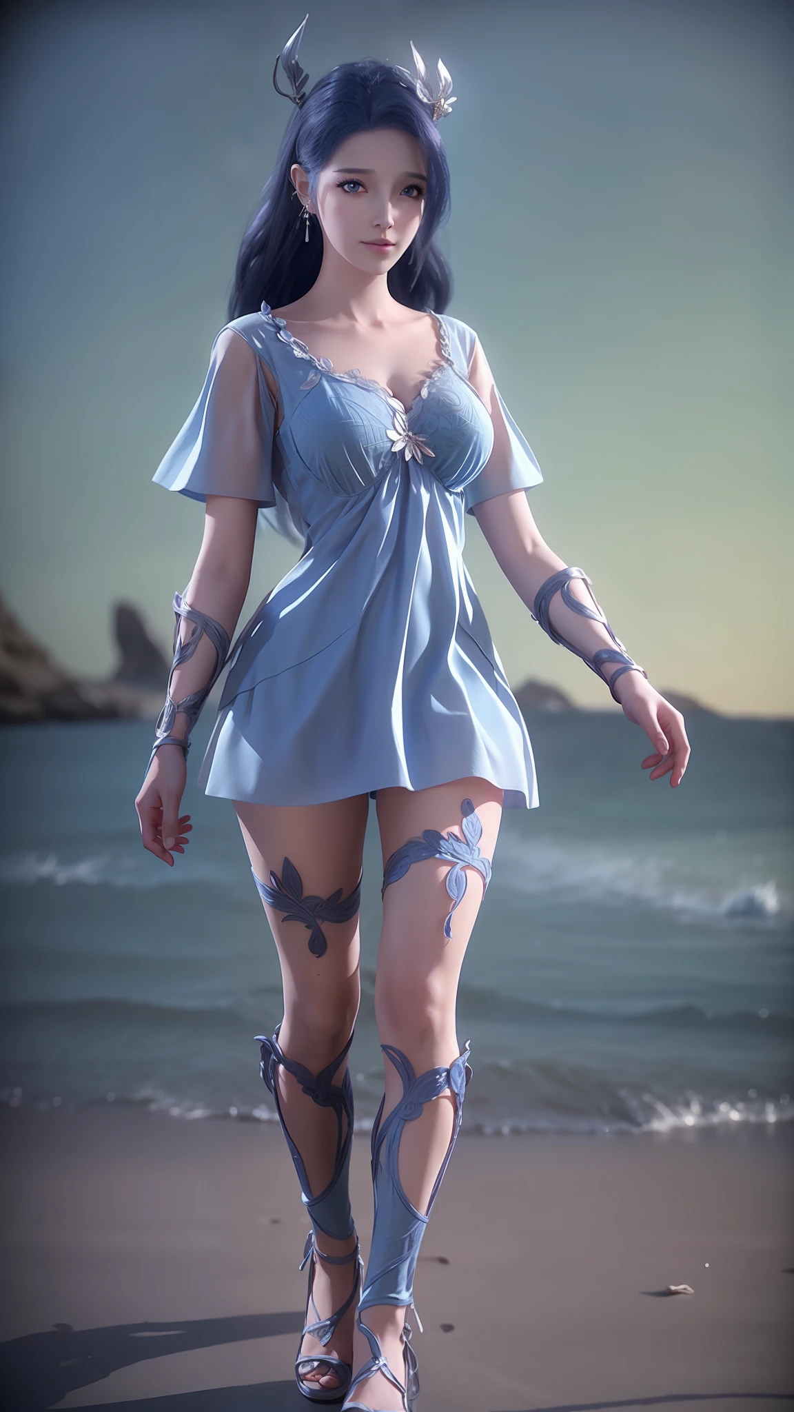 Arad woman in blue dress and white shirt walking on the beach, photorealistic anime girl rendering, render of a cute 3d anime girl, 3 D rendering character art 8 K, realistic fantasy rendering, Costume with blue accents, wearing fantasy clothing, fantasyoutfit, fantasy style clothing, hyper-detailed fantasy character, stuning fantasy 3 d render