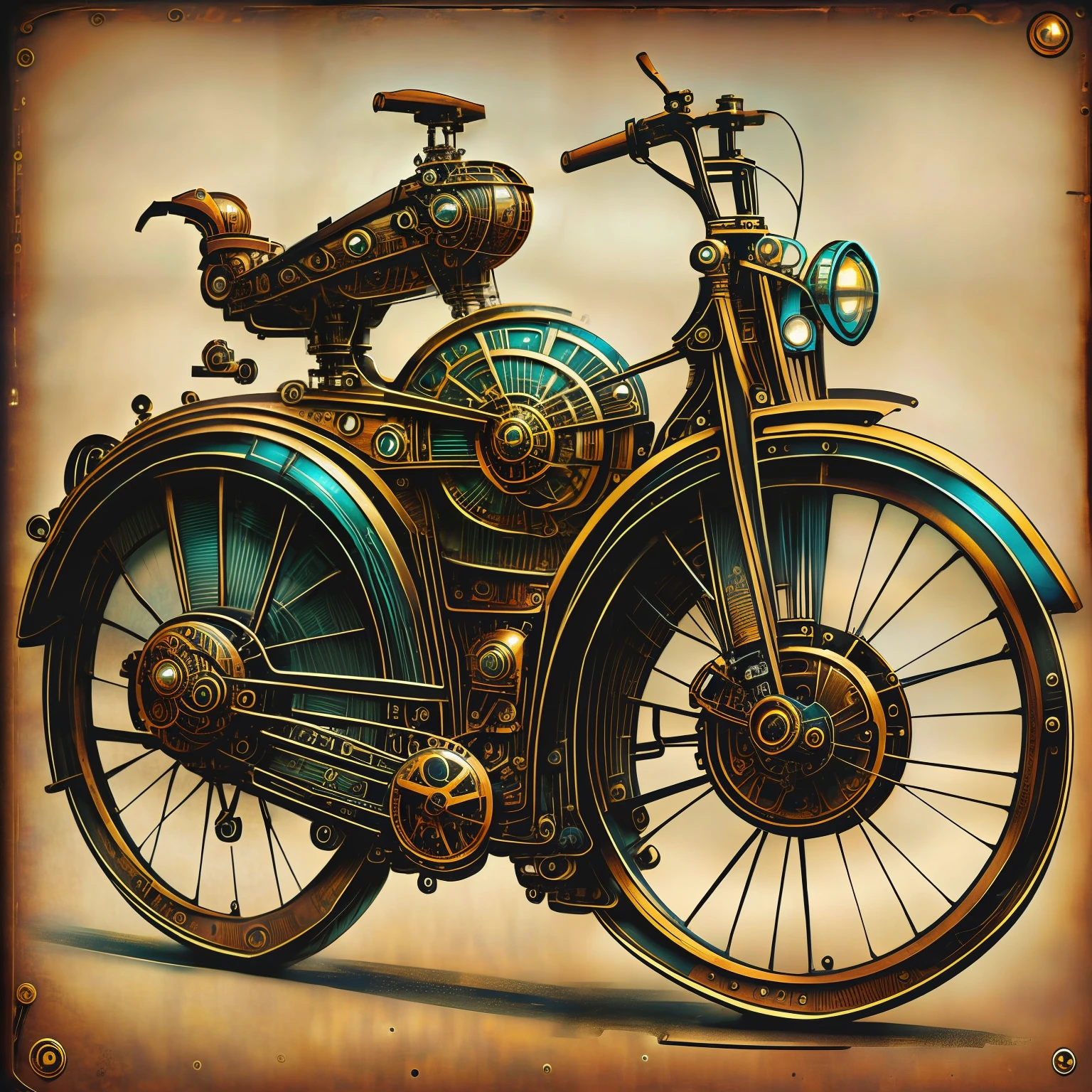 (steampunkai Swoon), uma bicicleta de lado em estilo steampunk, (cores,Colouring,32 k),USA ,super detalhado,