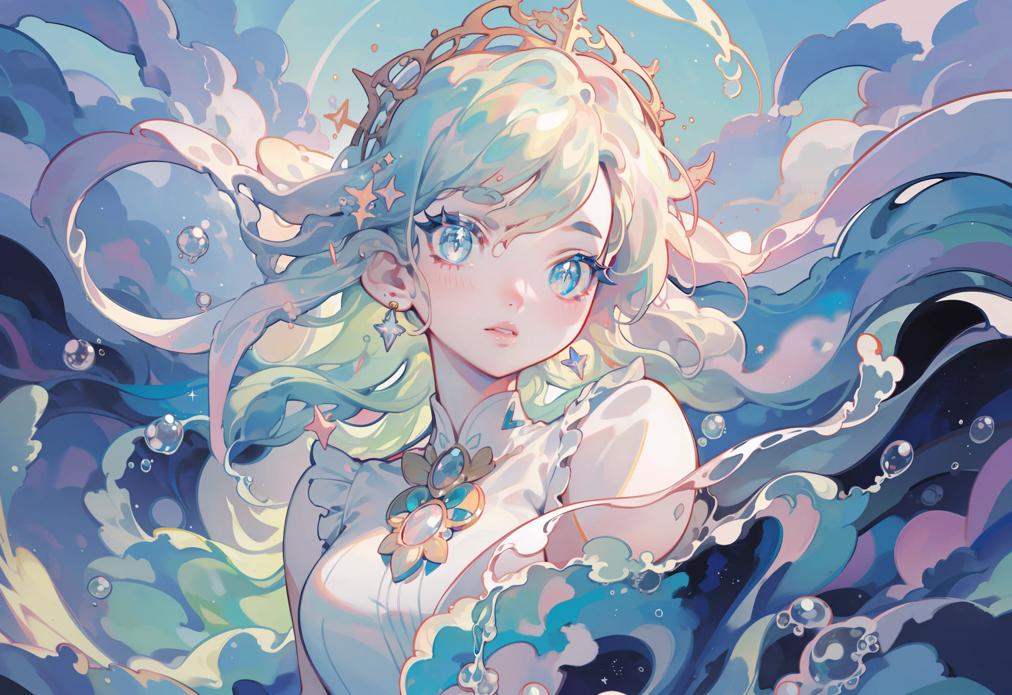 masterpiece, best quality, 8k resolution, sharp focus, intricate detail, beautiful girl, sparkling eyes, golden ratio face, otherworldly liquid, watercolor, pastel colors, bright colors, whimsical, colorful, sharp focus, high resolution, fine detail, liquid ballgown, ((round eyes))