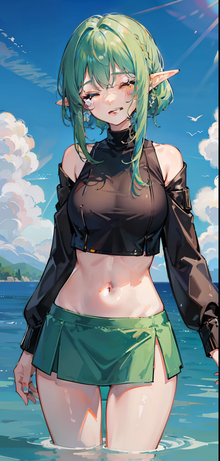 1 Girl, closed eyes, nose, elf ear, eyebrow, smiling, teeth, big green hair, dyed nape blue, bangs, hair between eyes, Watery Big Eyes Sukumizu Wet Hair Hair Spread Out Ear Stud Swimming Pool, lora :add_detail, short tummy sweatshirt, short skirt, slim waist, tummy, big chest, thick legs, big thighs, standing