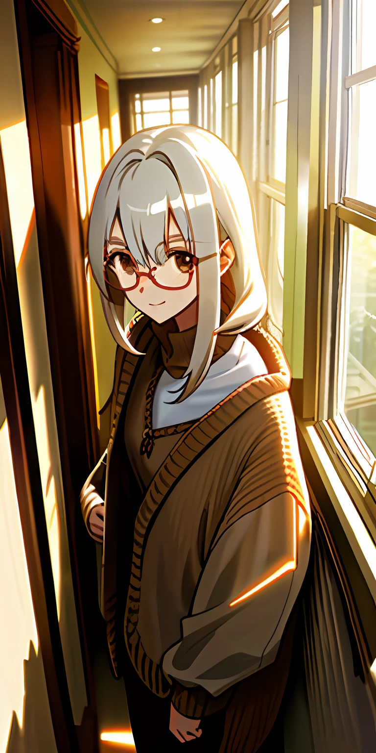 In the corridor stood a girl with white hair that was shoulder-length,She leaned against the windowsill,warm sunlight,brown sweater,Glasses with transparent frames,ssmile