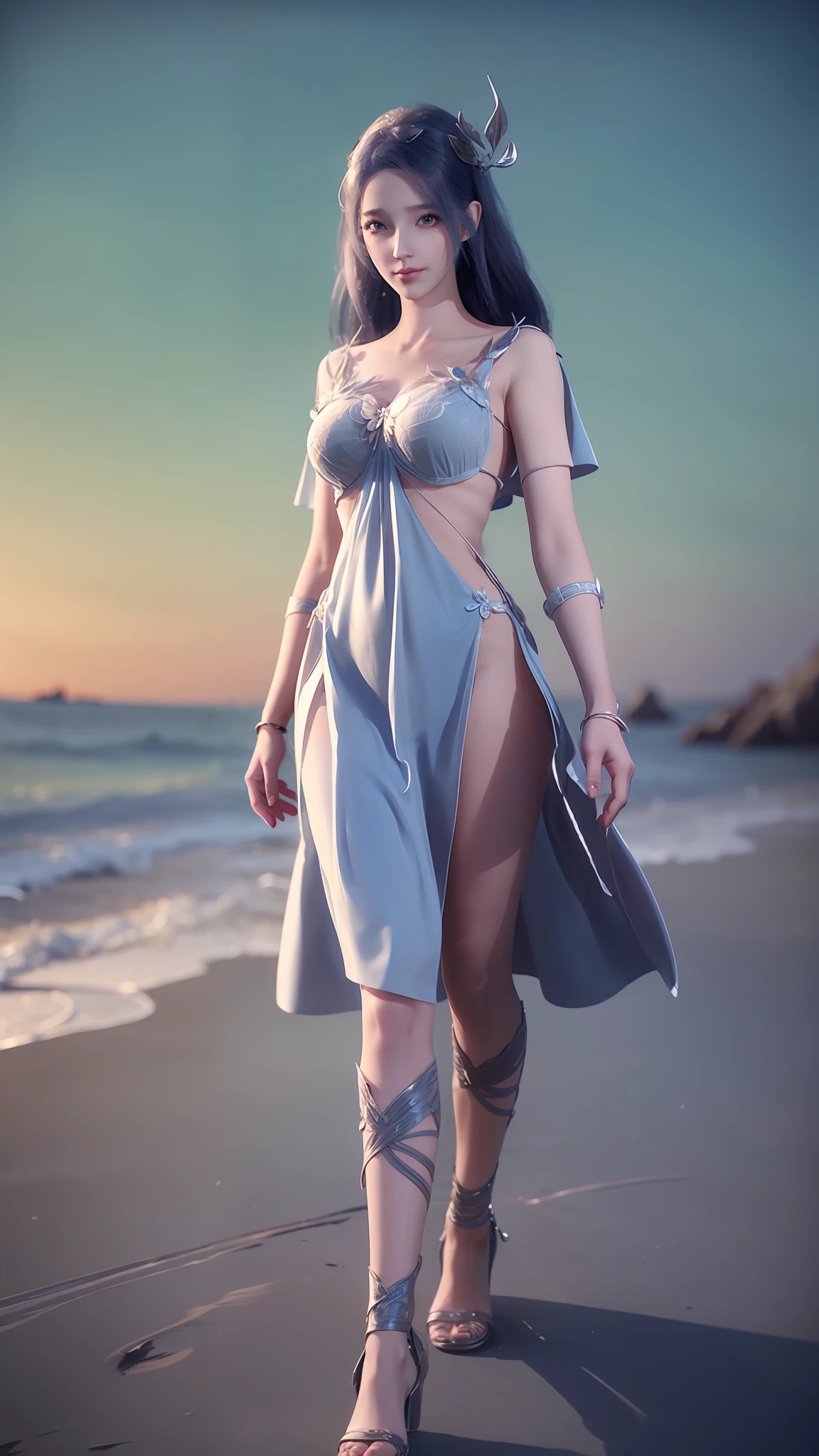 Anime girl in white dress walking on beach, Inspired by 3D renderings by Cynthia Shepard, Trend of CGsociety, Fantasy art, fantasyoutfit, fantasy style clothing, 3 D rendering character art 8 K, realistic fantasy rendering, stuning fantasy 3 d render, wearing fantasy clothing, render of a cute 3d anime girl, 8K high quality detailed art