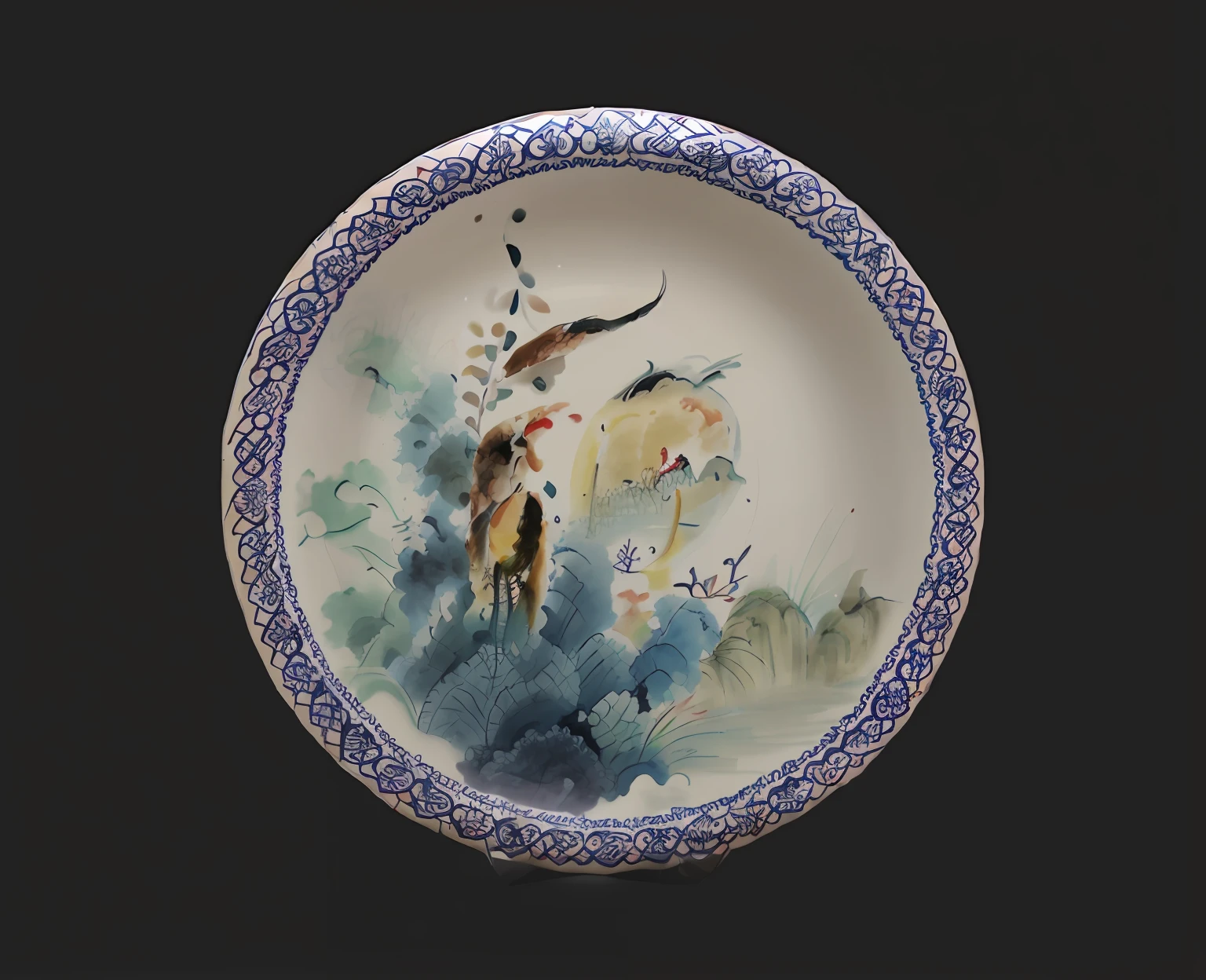 There is a plate,A fish is painted on it, inspired by Yun Shouping, inspired by Li Shixing, inspired by Hu Jieqing, ink wash style