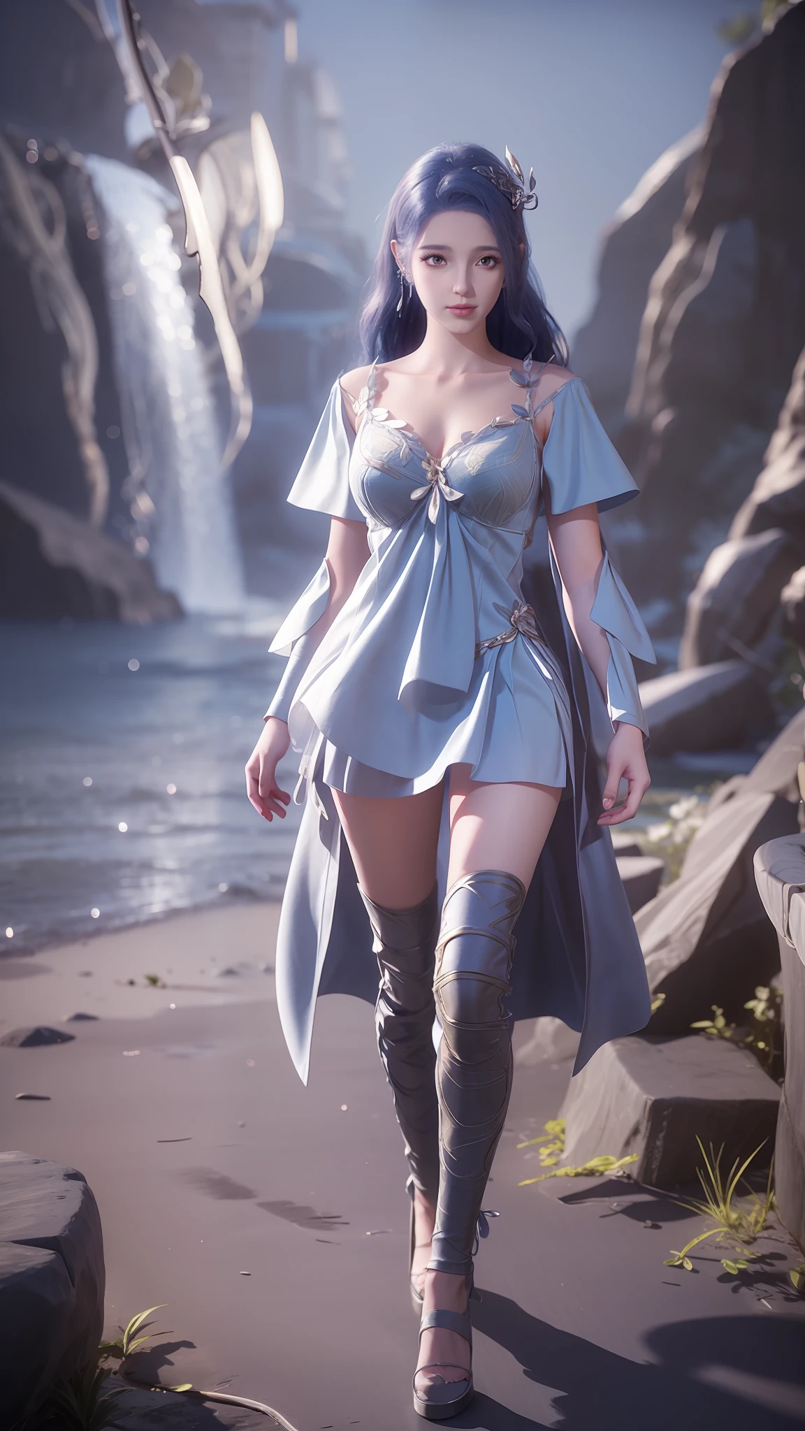 Anime girl in white dress walking on beach, Inspired by 3D renderings by Cynthia Shepard, Trend of CGsociety, Fantasy art, fantasyoutfit, fantasy style clothing, 3 D rendering character art 8 K, realistic fantasy rendering, stuning fantasy 3 d render, wearing fantasy clothing, render of a cute 3d anime girl, 8K high quality detailed art