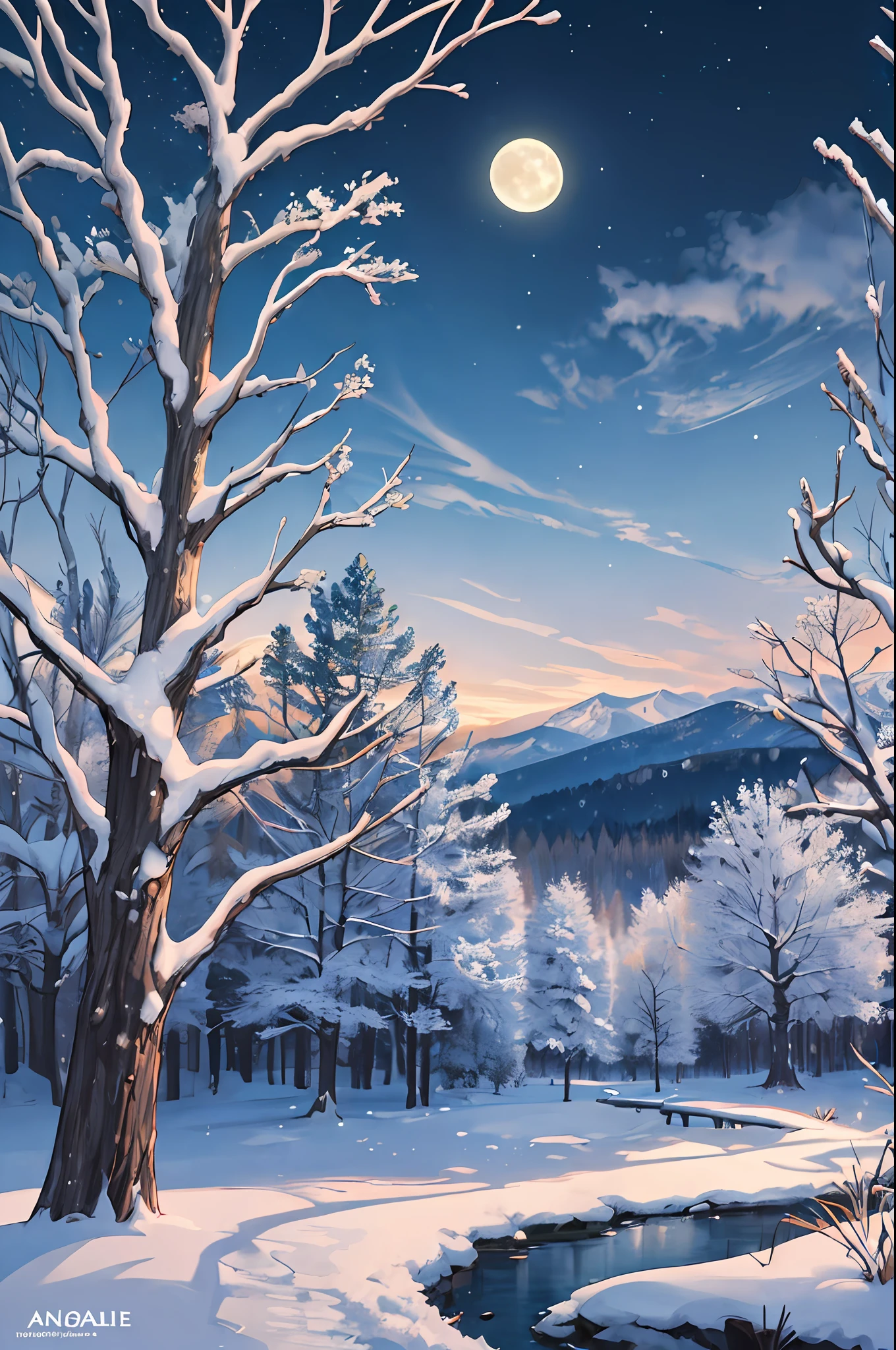 ((masterpiece:1.4,best quality)),  cloud,   outdoors,  forest
snowy mountains,  glade
, scenery,  sky, 
(night:1.4),  nightsky,  moon,  moonlight,  high detail, abundant, 8k, green,tree, high detail,   wallpaper