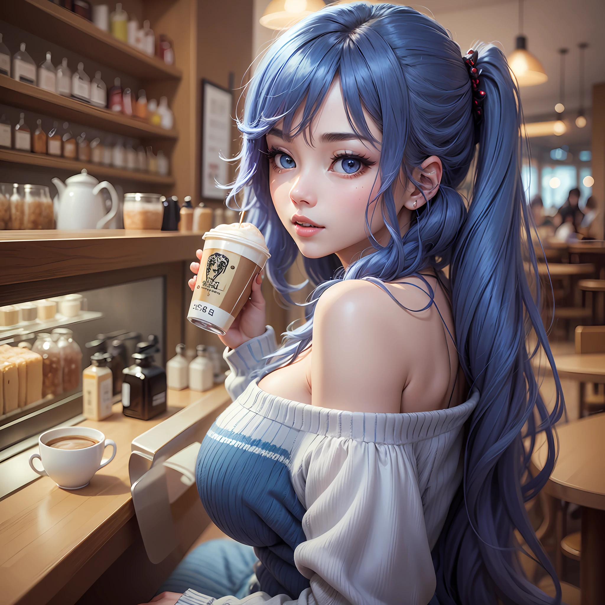 8K、top-quality、Masterpiece、An ultra-high picture quality、ultra-detailliert、Super beautiful、animesque、Ultra-realistic flesh feeling、full bodyesbian、Drinking a latte、Off-shoulder blue knitwear、Beautuful Women、Long blue hair、poneyTail、Blue eyes、shinny skin、Very gigantic-breasts、extremely big ass、shinny skin 、The background is a café --auto --s2