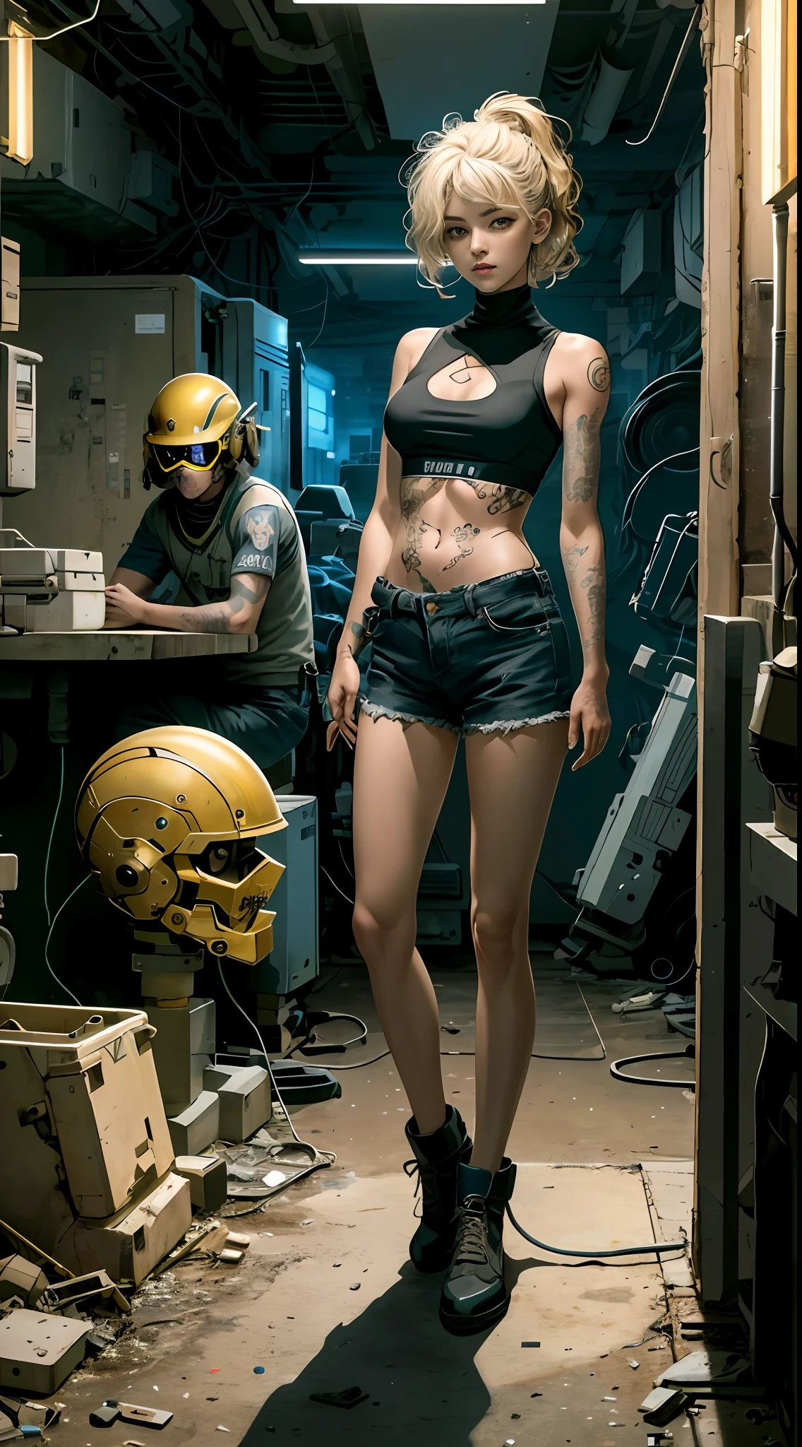 (tmasterpiece,best qualityer),1 girl,blond hairbl,A-line hairstyle,Body,arms crossed behind back,LED panel lights are arranged in a square manner,to mimic existing interior lamps,Dystopian slums,Police weapons are controlled by local gangs equipped with hackers,For example, The EMP blaster and Taser shotgun have huge busts,Mermaid line,Tattooed with,shorter pants,Ultra shorts,Full body like,Delicate face,Delicate eyes,Blood,Firm eyes,Arrogant eyes, haughty expression