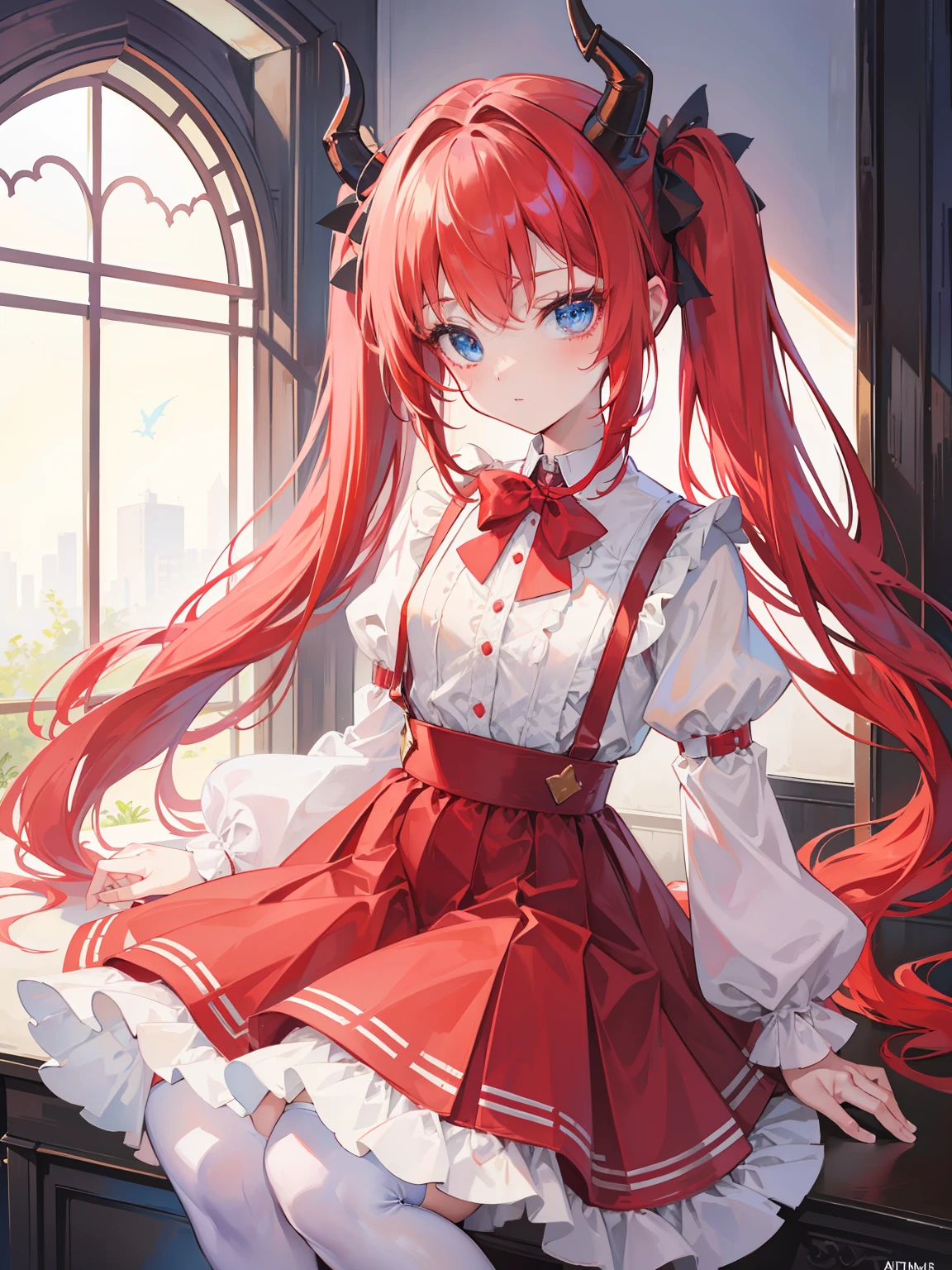 {{best quality}}, {{masterpiece}}, {{ultra-detailed}}, {illustration}, {detailed light}, red hair,blue eyes,twintails,lolita,Suspenders skirt,Fantastic,loli,solo,Dragon horns,little girl,long hair