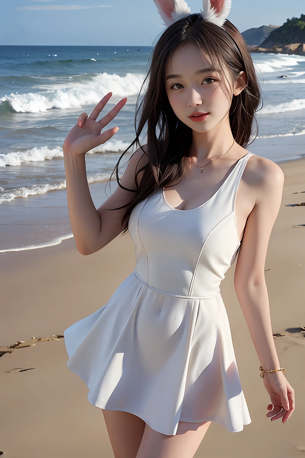 Beautiful view along the coast，1girl，（eyes with brightness，Sun-kissed skin，Carefree expression），beach sand background，lighthouse，Gentle sea breeze，playful pose，dynamic compositions，golden hour lighting，vague background，rich colours，finely detailled，hyper realisitc，50mm lens，Lighthearted atmosphere。Portrait Photogram，35mm film，natural blurry，（The upper body is white and wrapped around the chest，Knee-length skirt），Underage girls，good finger，ssmile，full bodyesbian，Slender legs，Cute rabbit ears
