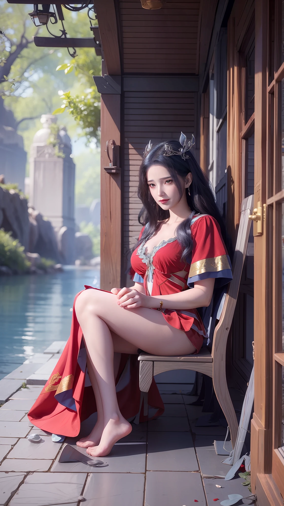 The Araved woman in a red dress sits on a red bench by the water, a photorealistic painting inspired by Magali Villeneuve, cgsociety contest winner, Fantasy art, wearing gilded red robes, lady in red armor, wearing gilded red royal robes, Gorgeous Role Play, scarlet witch costume, wearing red sorcerer's robes, Red robe, aly fell and artgerm