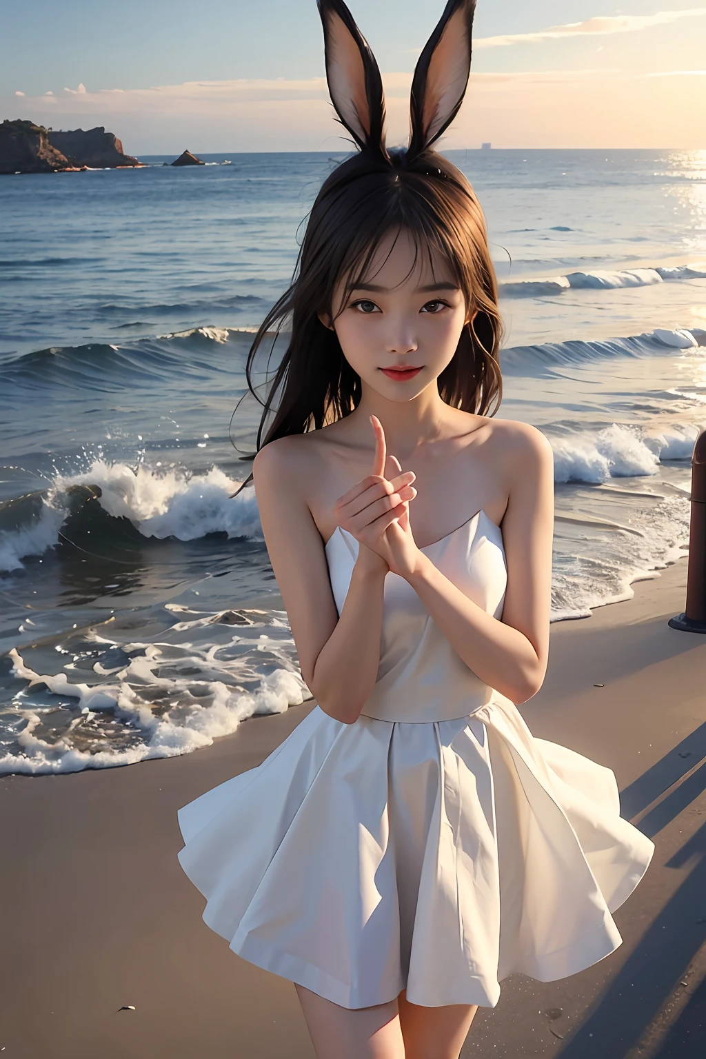 Beautiful view along the coast，1girl，（eyes with brightness，Sun-kissed skin，Carefree expression），beach sand background，lighthouse，Gentle sea breeze，playful pose，dynamic compositions，golden hour lighting，vague background，rich colours，finely detailled，hyper realisitc，50mm lens，Lighthearted atmosphere。Portrait Photogram，35mm film，natural blurry，（The upper body is white and wrapped around the chest，Knee-length skirt），Underage girls，good finger，ssmile，full bodyesbian，Slender legs，Cute rabbit ears