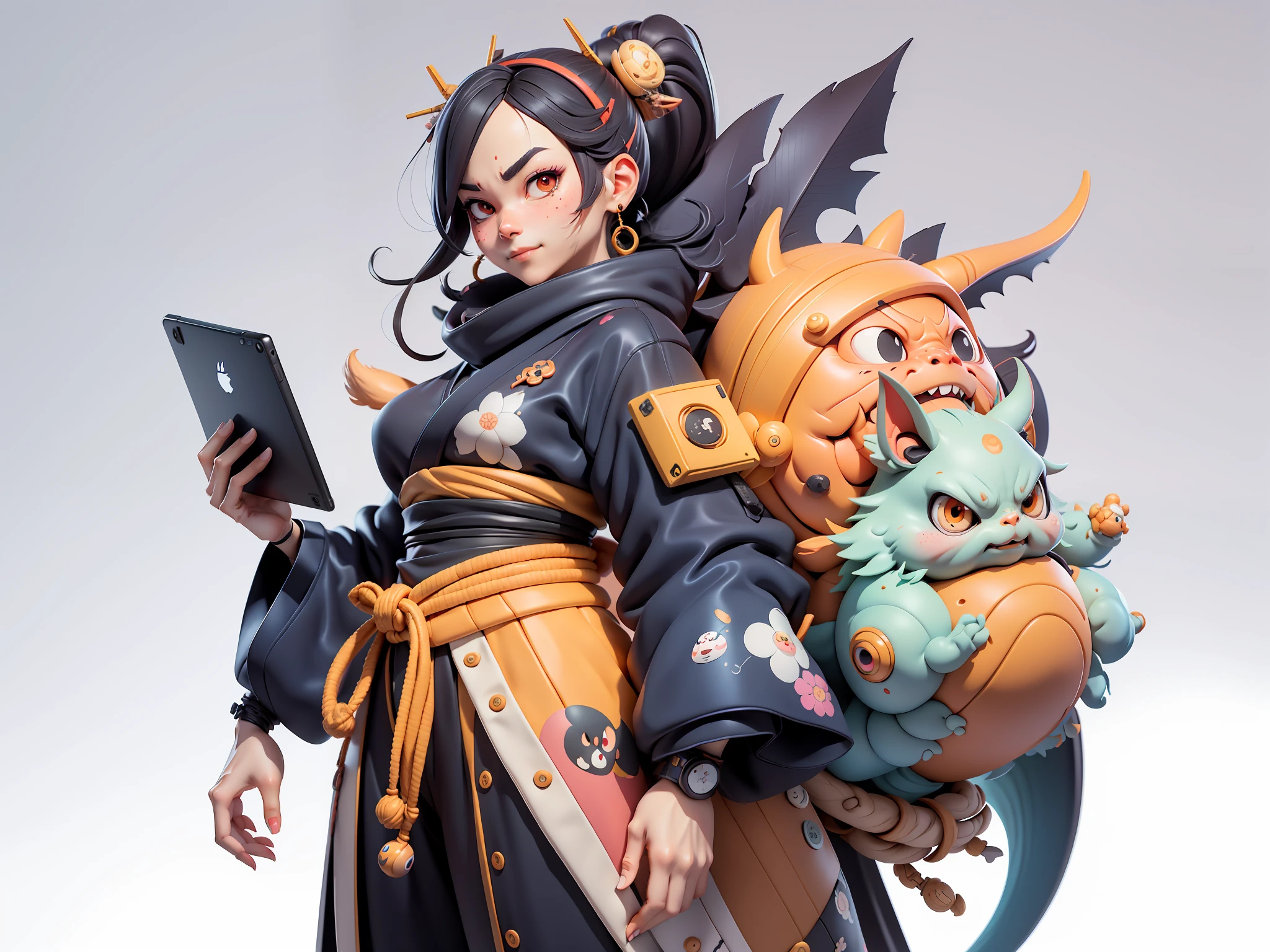 (Daisaku),(Need),(Super meticulous),(full bodyesbian:1.2),Japanese ukiyo-e girl,japanese geisha,Beautiful,Oriental dragon,Aeolian Thor,Raised sexy,爆乳,Oriental face,TV Anchor,Bust portrait illustration,Alone,In black suit,a blue tie,The face is slightly chubby,The face was clean,without a beard,Black super short hair,Black eyes,Smile confidently,3C computer sub-products,iPad, iphone,Digital painting,3D character design by Mark Clairen and Pixar and Hayao Miyazaki and Akira Toriyama,The illustration is a high-definition illustration in 4K resolution,With very detailed facial features and cartoon-style visuals。