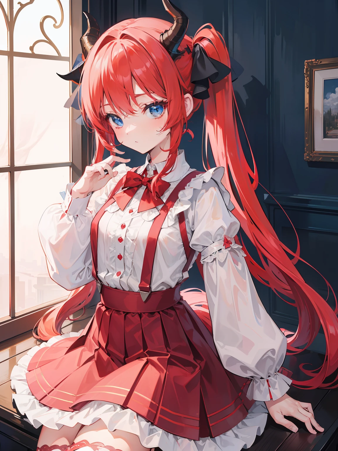 {{best quality}}, {{masterpiece}}, {{ultra-detailed}}, {illustration}, {detailed light}, red hair,blue eyes,twintails,lolita,Suspenders skirt,Fantastic,loli,solo,Dragon horns,little girl,long hair