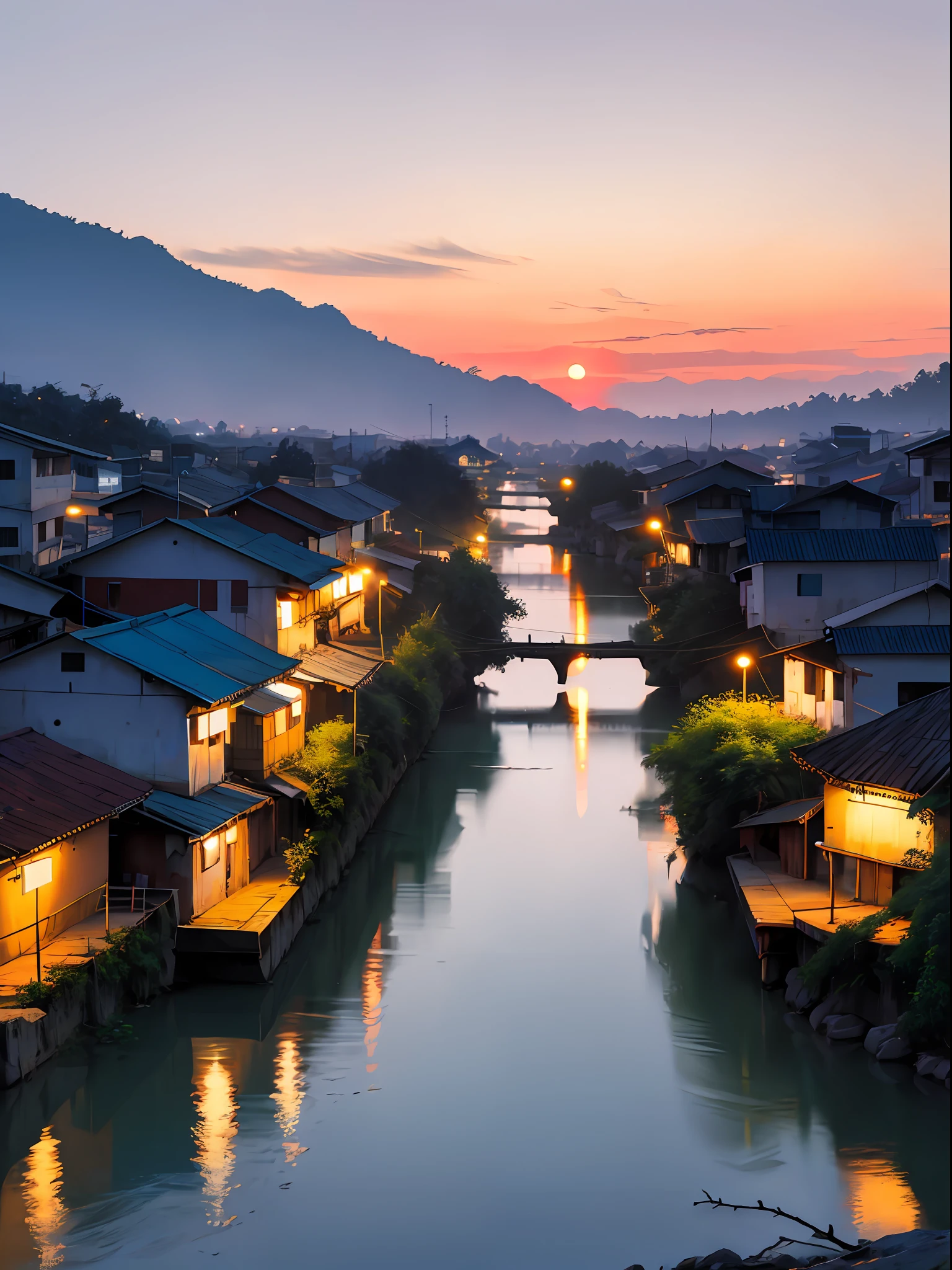 create a real photo of the Vietnamese southside, clear skies, composition, sunset, river, high quality; 4k; hdr