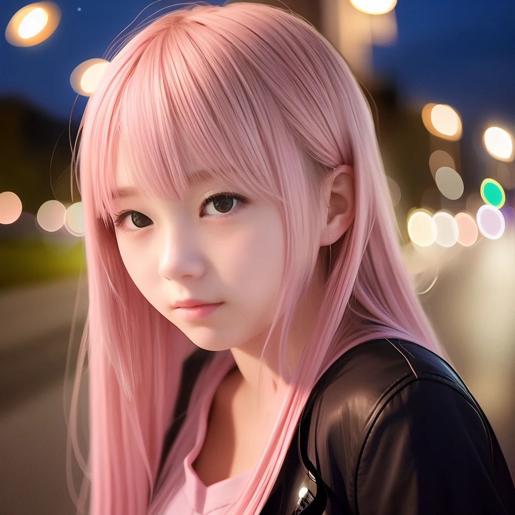 High School Girl、、Naked、Pink hair、Long hair、(background:Night view)、Systemic