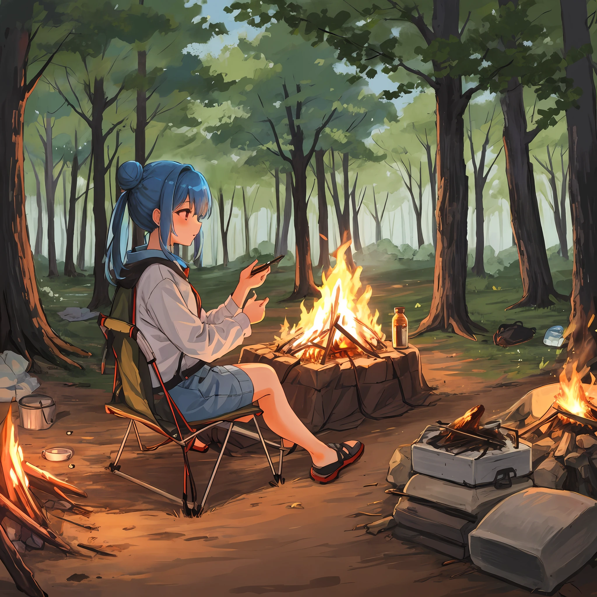 shima rin, 1girl, blue hair, hair bun, sitting, camping, outdoors, woods, campfire,, anirl, best quality, ultra high res,