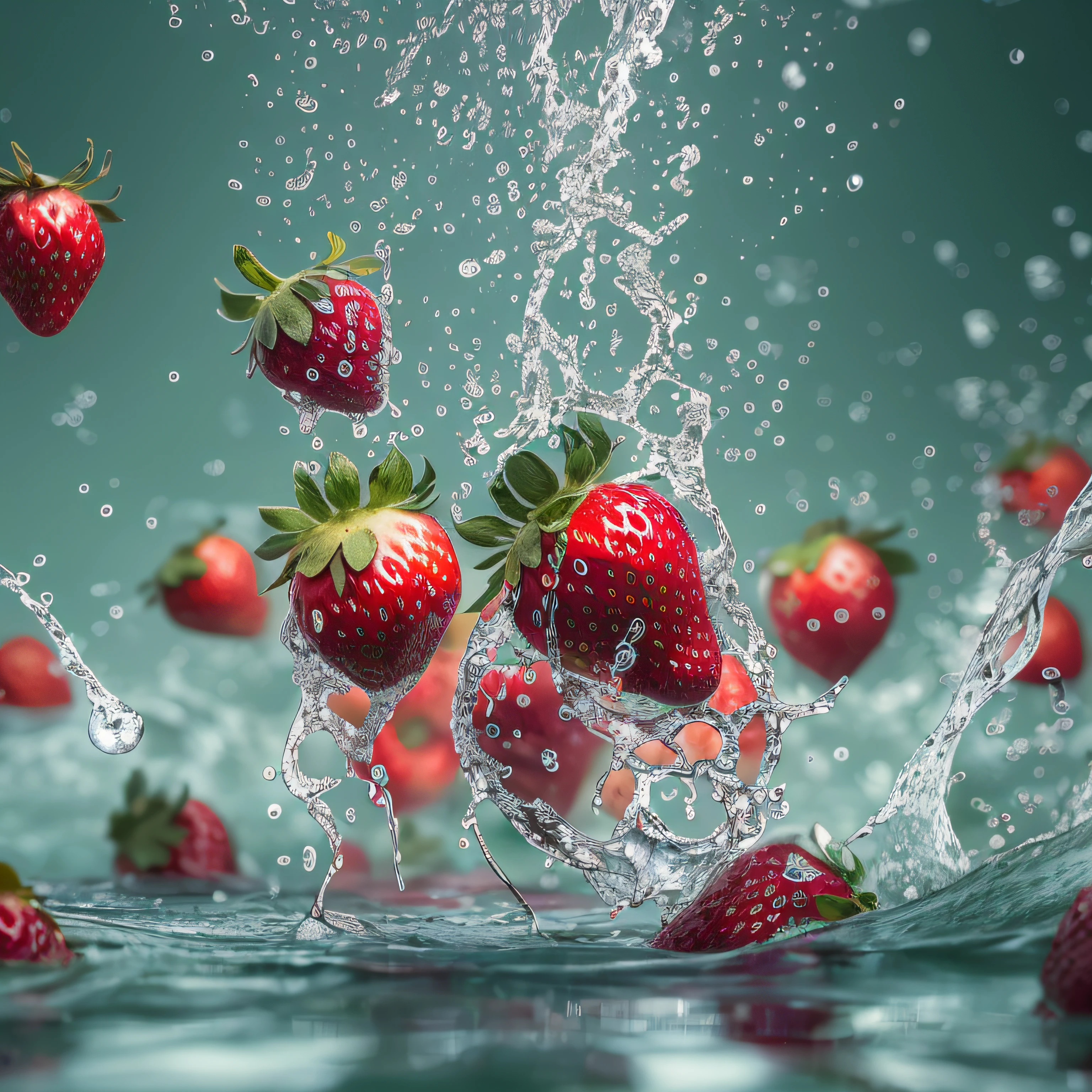 Cinematic RAW photo，ultra real photo，Ultra photo realsisim，Digital SLR，Soft lighting，Product photo of 5 strawberries falling into the water、drippy、Splash clear liquid、water bloom，dynamic compositions，(Masterpiece) (Best quality) (Detailed) (Cinematic lighting) (Sharp focus) (Intricate), Masterpiece, Best quality, 超高分辨率, 8K  UHD