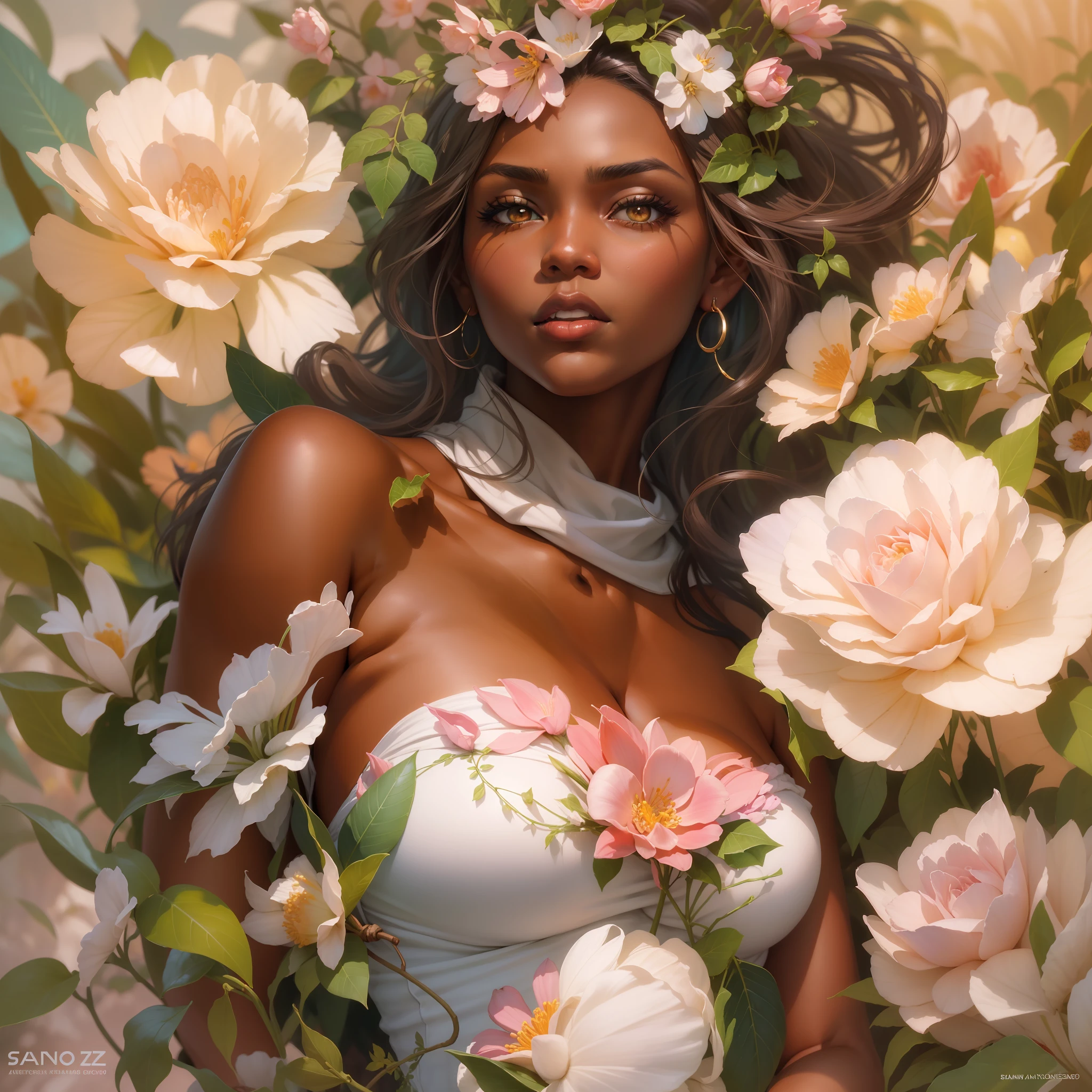 Brown skin, (gelado:1.4), profundidade de campo, floral, ::< Punindo personagens de corvos cinzentos, Arte por Stanley Artgerm Lau, Arte por Kenneth Rocafort, Arte por Genzoman Smooth, nuvens separadas e uma escadaria dourada infinita, over exposure, Ashley Alexiss menina