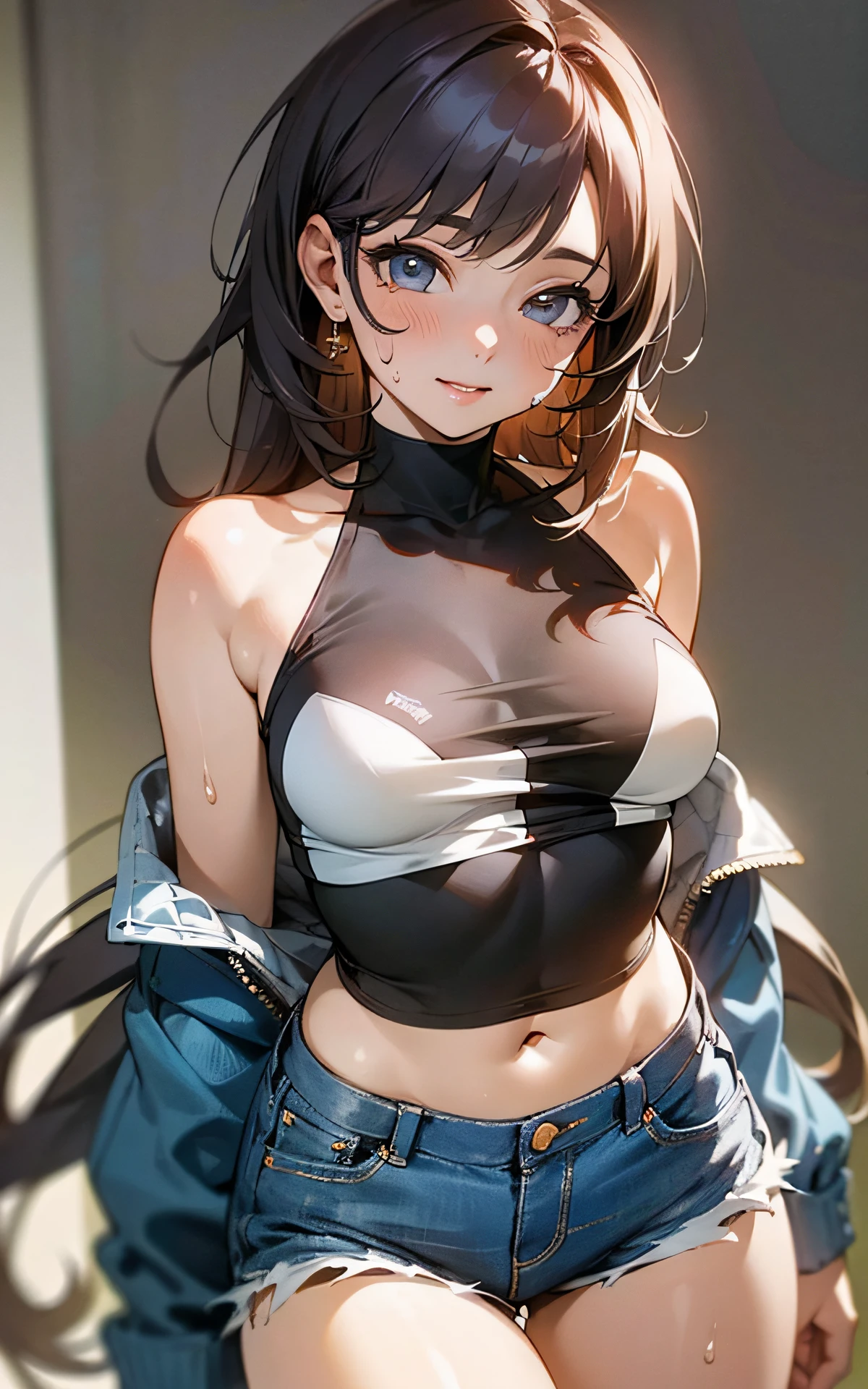 (Unity 16K Wallpaper, Masterpiece, Best Quality, Ultra-Detailed, Extremely Detailed CG, Beautiful Detailed Eyes, solo, curby), Ultra High Resolution, fine skin、sexy, Sweat, other than denim fabric
short shorts, plain tops, smile, (thigh fetish), , realistic clothing, casual clothes,