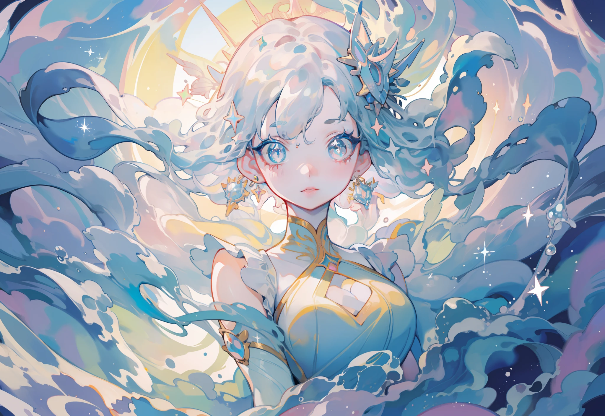 masterpiece, best quality, 8k resolution, sharp focus, intricate detail, beautiful girl, sparkling eyes, golden ratio face, otherworldly liquid, watercolor, pastel colors, bright colors, whimsical, colorful, sharp focus, high resolution, fine detail, liquid ballgown, ((round eyes))