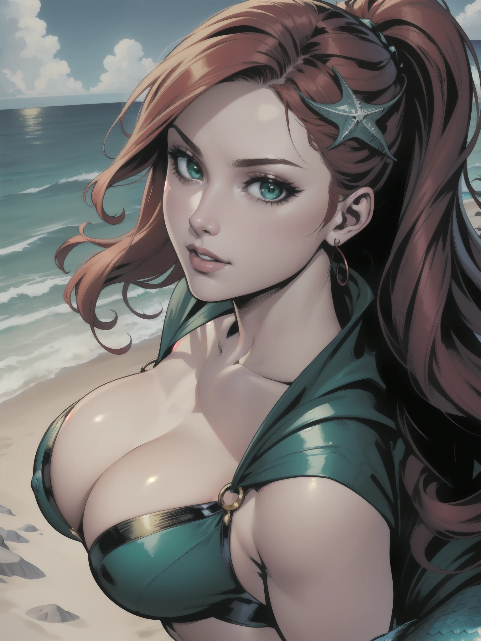 Portrait, Masterpiece, Excellent, 1girl, solo, complex details, color diffusion, comic book, anime, marvel, DC, close-up, Siren, pale skin, chubby, big breasts, red hair, green eyes, ocean attire, beach attire, tattered cloth, Mermaid, mischievous, Sci-Fi, Fantasy