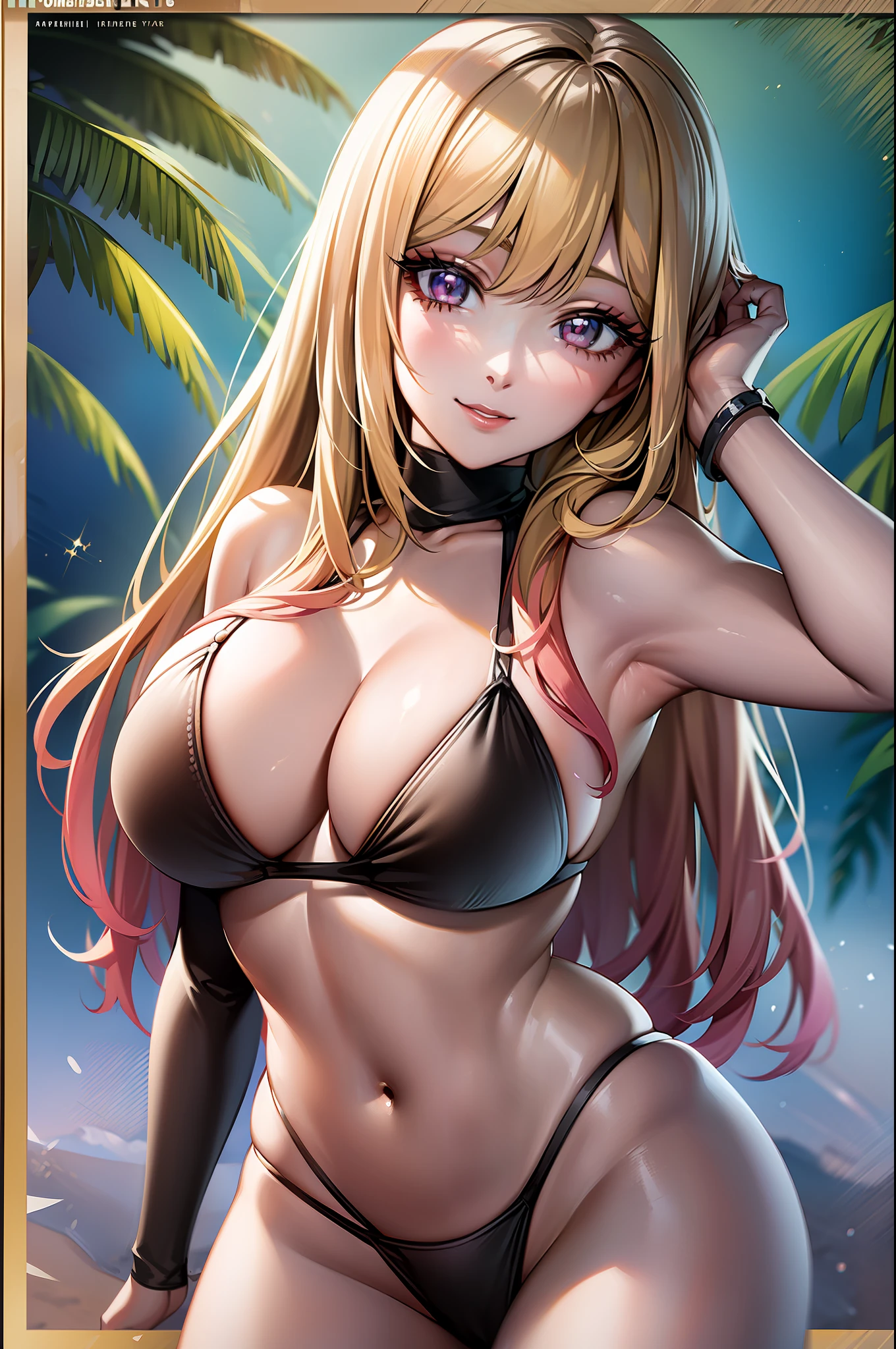 (anime style),masterpiece, best quality, ultra-detailed, glistening shiny, glowing light, ray tracing, HDR, deph of field, (perfect face, detailed face, detailed eyes),(big boobs:1.2,clevage),8k,HD,ultra realistic face,ray tracing,perfect lighting,best quality, ultra-detailed, shiny eyes, (looking at viewer,sensual smile:1.1), ((1girl)), (gyaru, mature female:1.4),cowboy shot,
marin,long hair,((gradient hair)),multicolored eyes, gradient eyes, (glowing eyes:1.1), mascara, (fashion make up), parted lips,((bikini)):1.9,cameltoe,
((tropical beach, sunset, palm trees, log cabin)),complex background,((super detailed background)), sensual poses, ((8k wallpaper)) ,