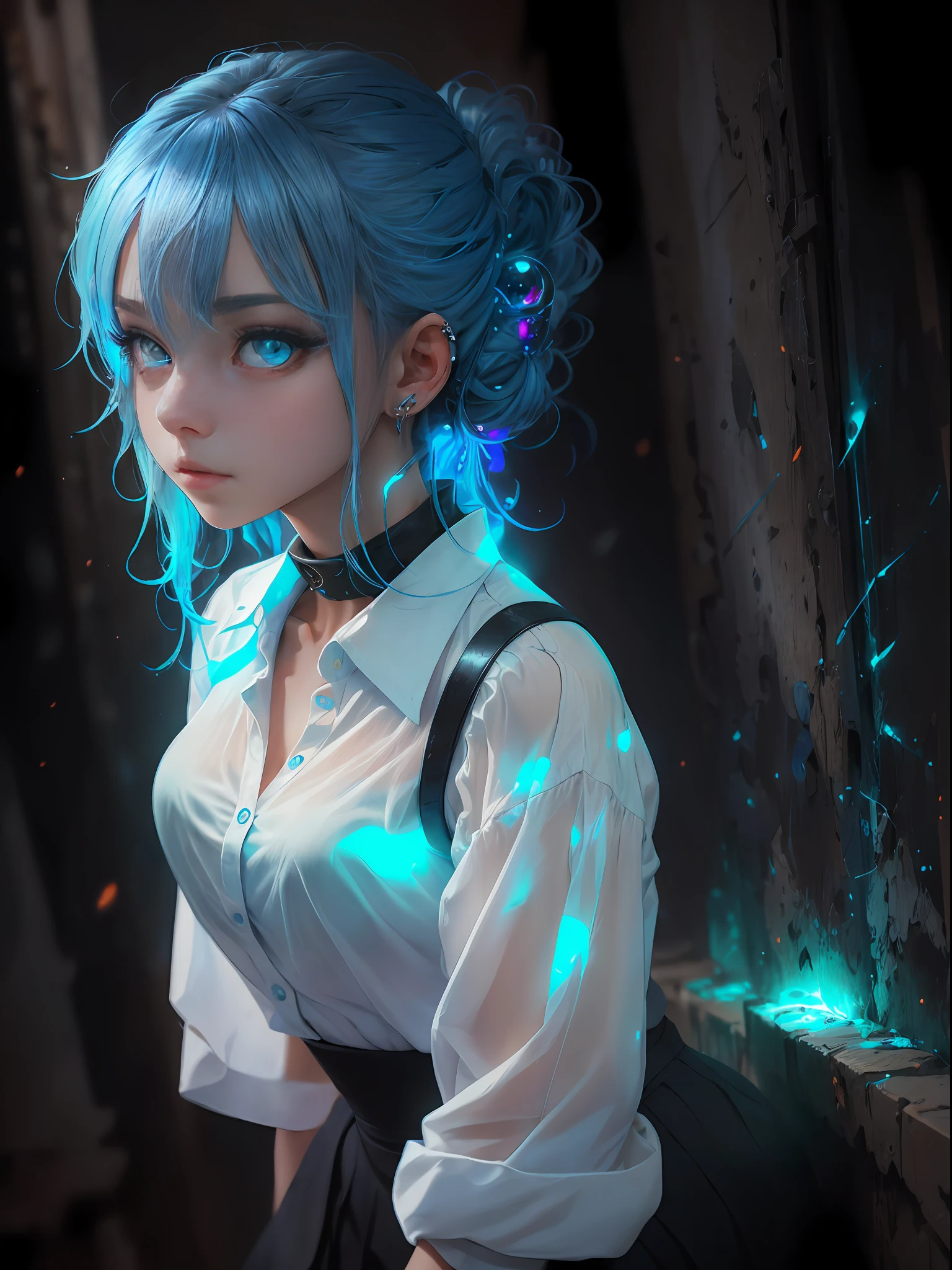 ((masterpiece)),(best quality),(detailed),(1girl),  blue hair, blue glowing eyes, Updo, white shirt, black skirt, looking down on the viewer