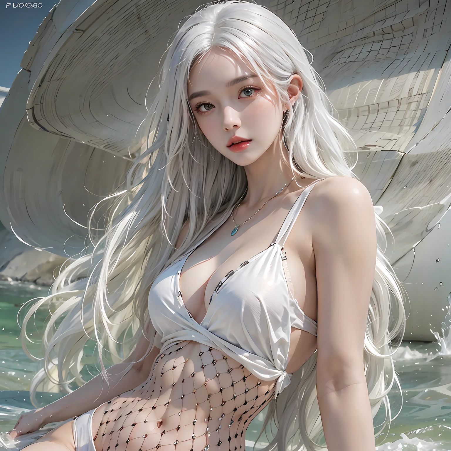 photorealistic, high resolution, 1women, solo, hips up, look at viewer, (detailed face), white hair, long hair, micro-bikini, jewelry
