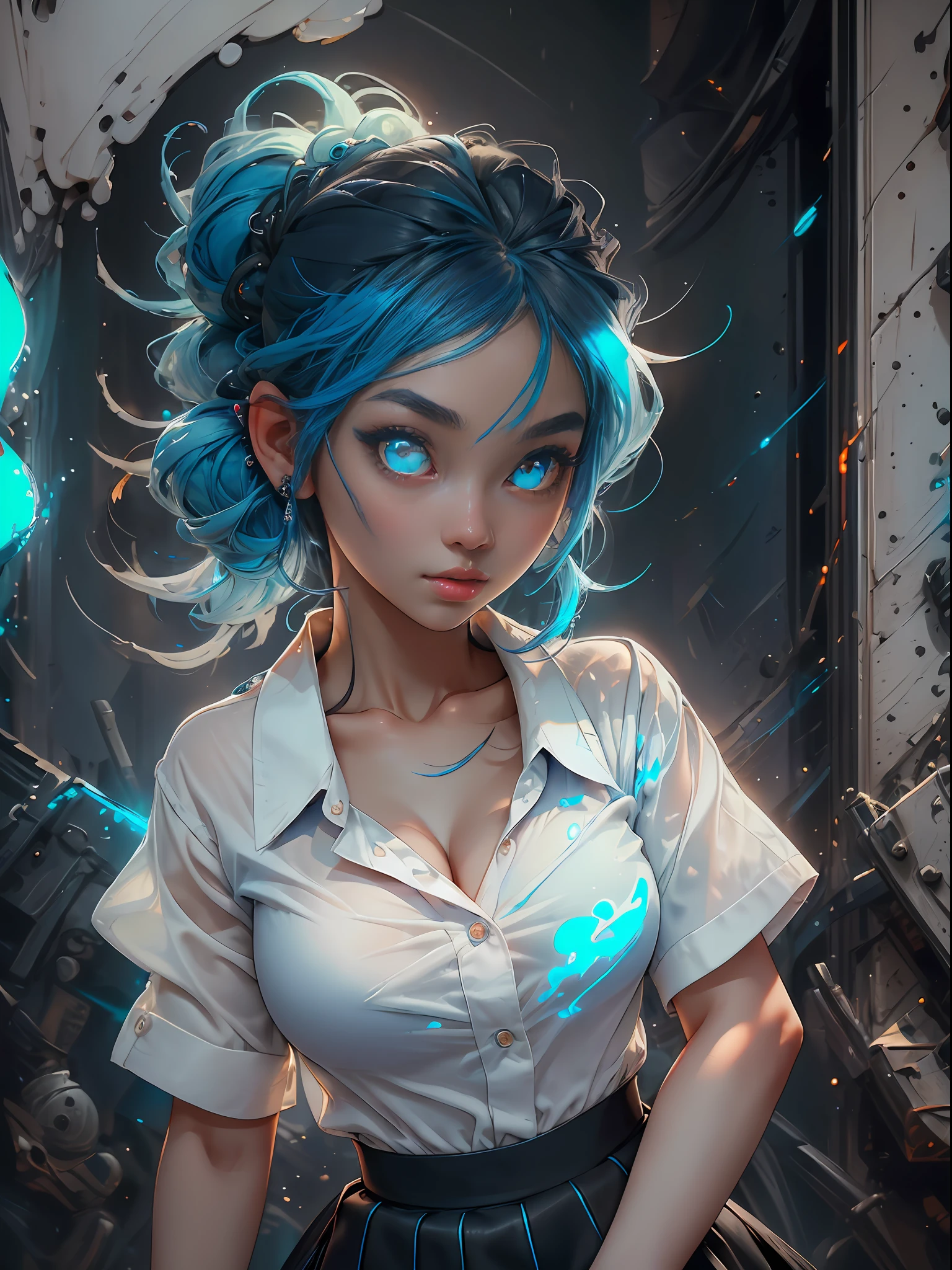 ((masterpiece)),(best quality),(detailed),(1girl),  blue hair, blue glowing eyes, Updo, white shirt, black skirt, looking down on the viewer