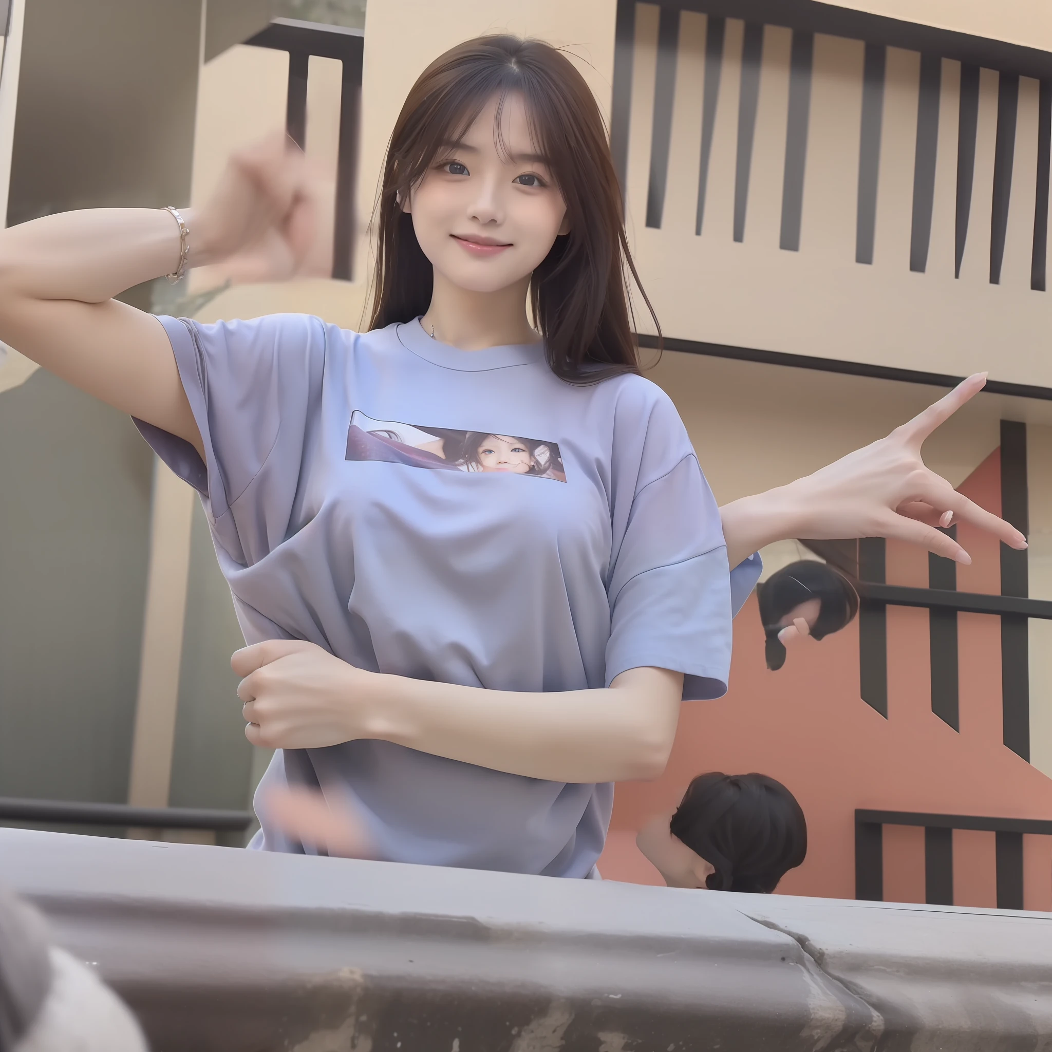 (8K、top-quality、masterpiece:1.2)、(reallistic、Photorealsitic:1.37)、The ultra-detailliert、Beautie、(a smile:1.1)、、beautidful eyes、(Long)、V-Nekku T-shirt、valley、The upper part of the body