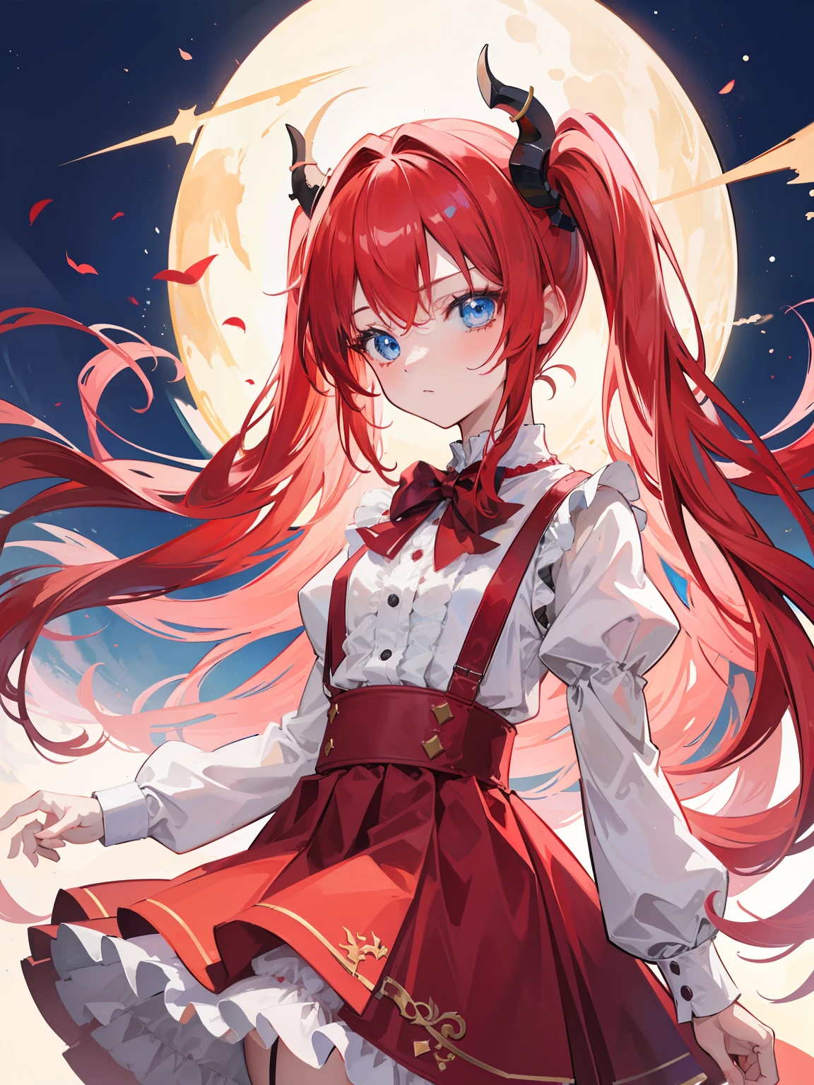 {{best quality}}, {{masterpiece}}, {{ultra-detailed}}, {illustration}, {detailed light}, red hair,blue eyes,twintails,lolita,Suspenders skirt,Fantastic,loli,solo,Dragon horns, girl,long hair