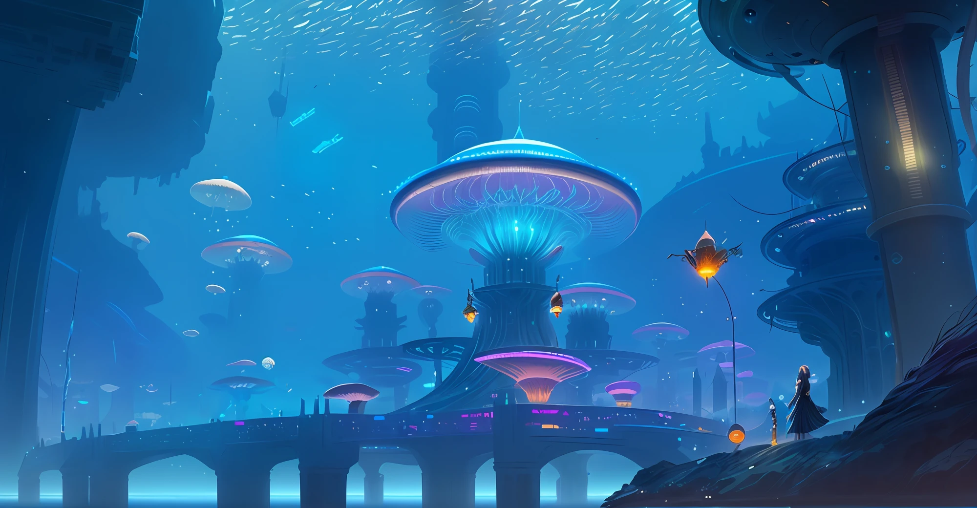 In the big cities,There was a beautiful woman standing on the boat, an underwater city, futuristic underwater metropolis, an underwater city, mystical sci-fi concept art, cyberpunk jellyfish, Sci-fi fantasy wallpaper, Concept art wallpaper 4K, jellyfish temple, epic fantasy sci fi illustration, beautiful concept art, concept art 8 k, concept art stunning atmosphere, underwater mushroom forest