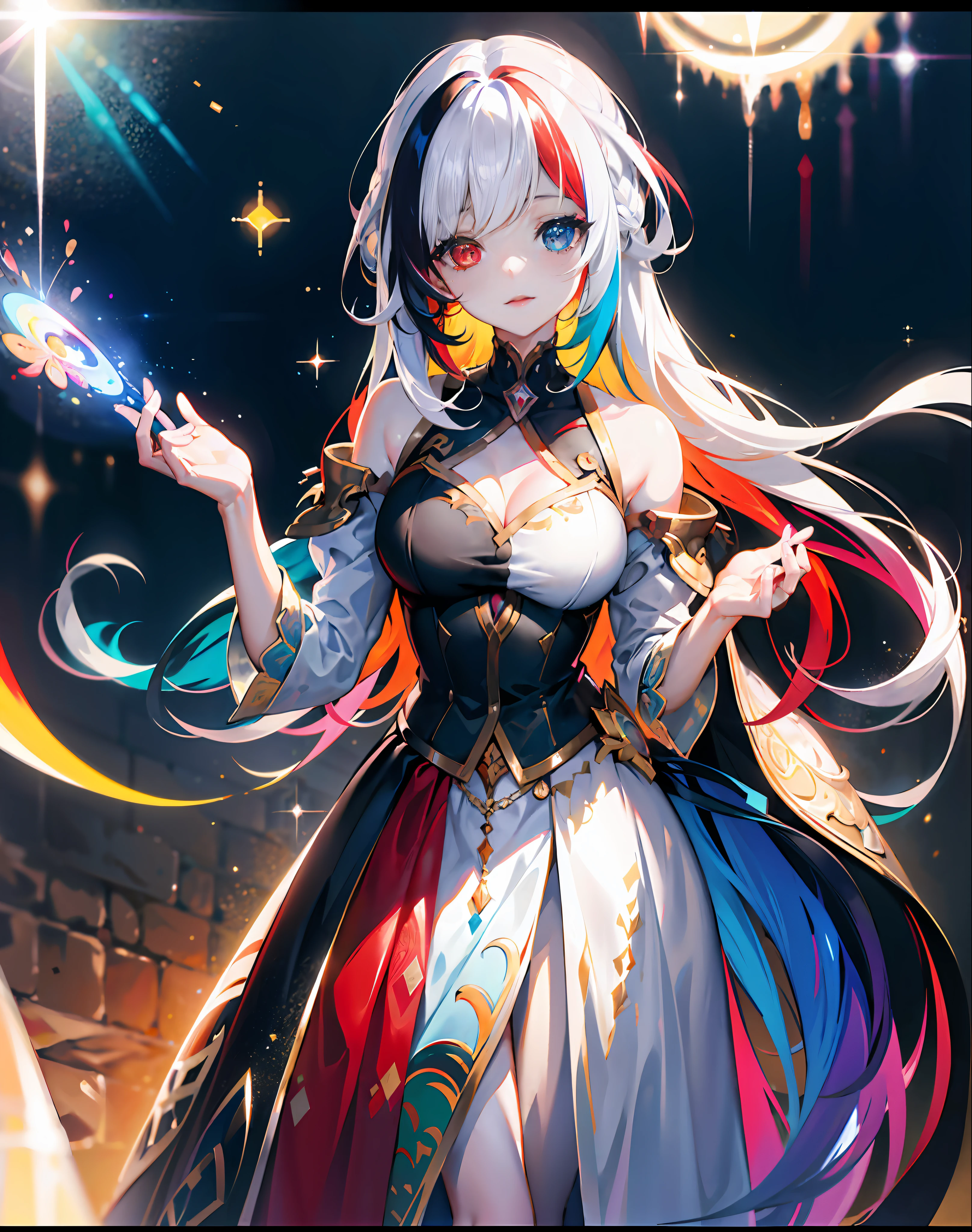 {{masterpiece}}, best quality, cinematic lighting, lens flare, medium breasts, beautiful detail eyes, multicolor hair, colorful light particles, heterochromia, (colorful:1.5), (colorful hair:1.5),