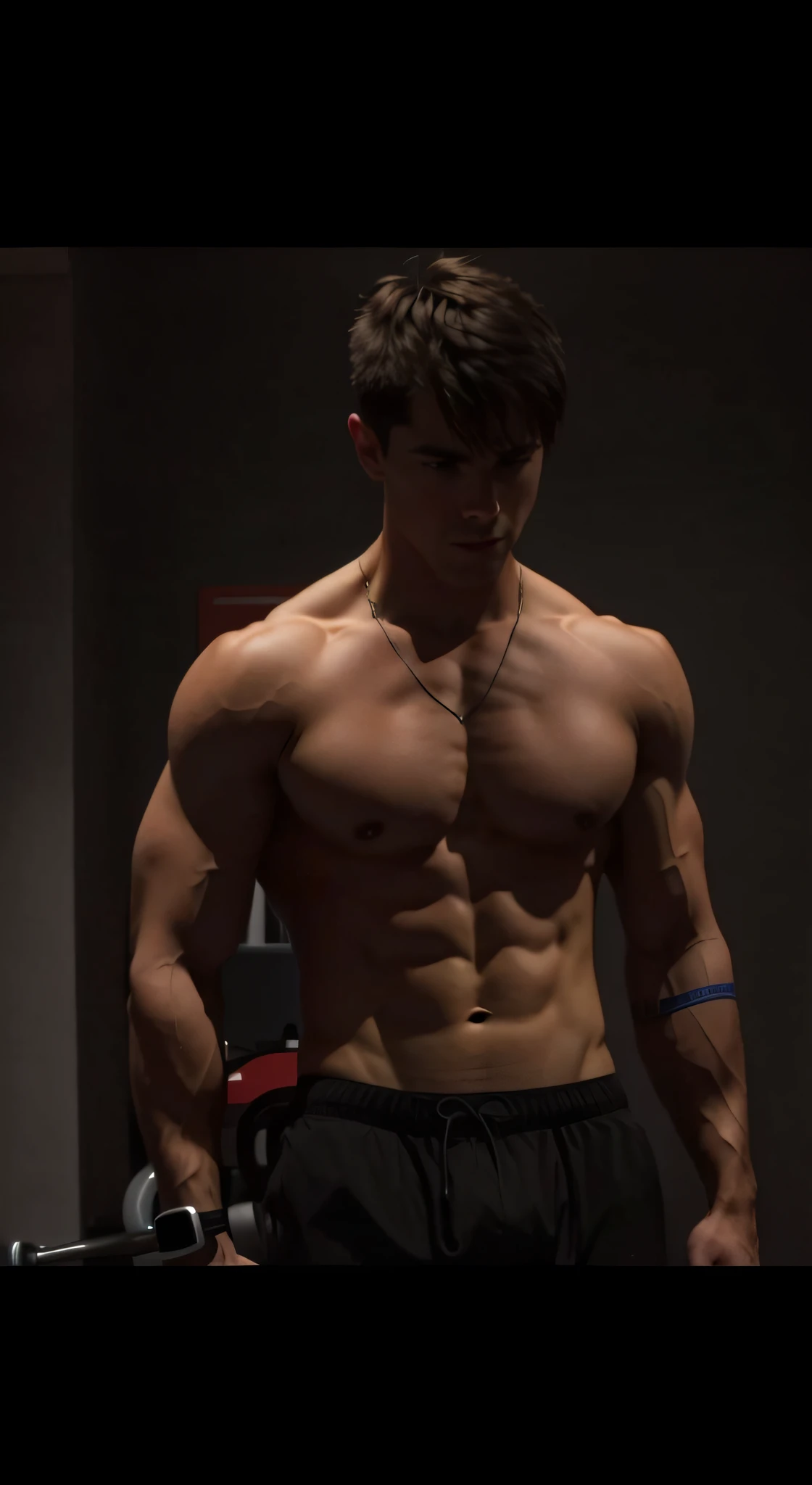 Arafeld man without a shirt standing in the gym, slender and muscular build, cinematic body shot, mid-shot of a hunky, musculature, musculous, Bulging muscles, Ripped, Lean and muscular, strong and muscular, exaggerated muscle physique, chiseled muscles, ernest khalimov body, Muscular body, Lean but muscular, fit-muscled body