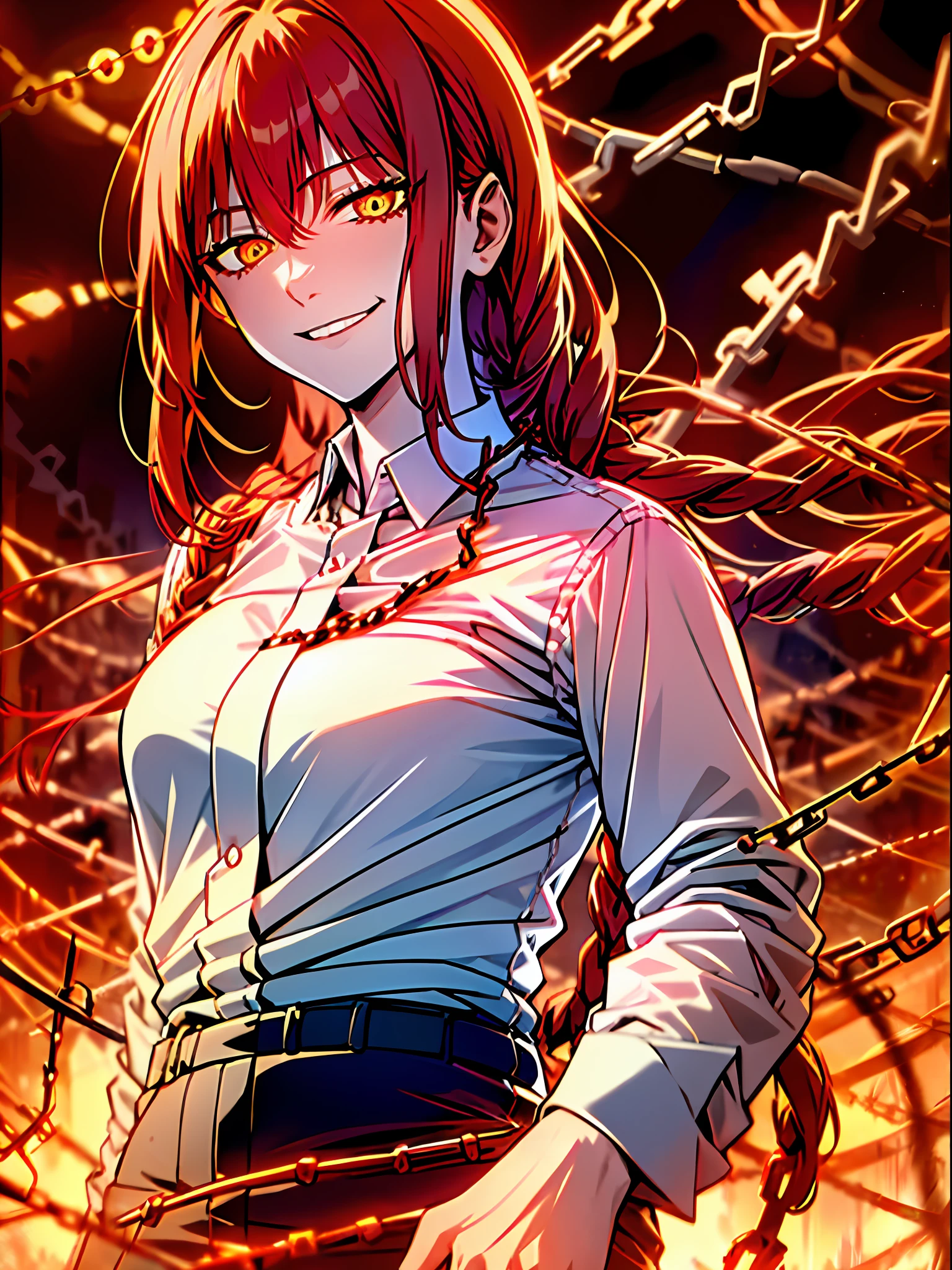 makima \(Chainsaw man\), Best quality, Ultra detailed, 1girll, Solo, standing, Red hair, long braided hair, seductiv,A seductive smile,Charming,Golden eyes, bangs, Medium breasts, White shirt, tiese, stare, Smile, (Evil:1.2) (interview:1.3), (Dark background, Chains:1.3)