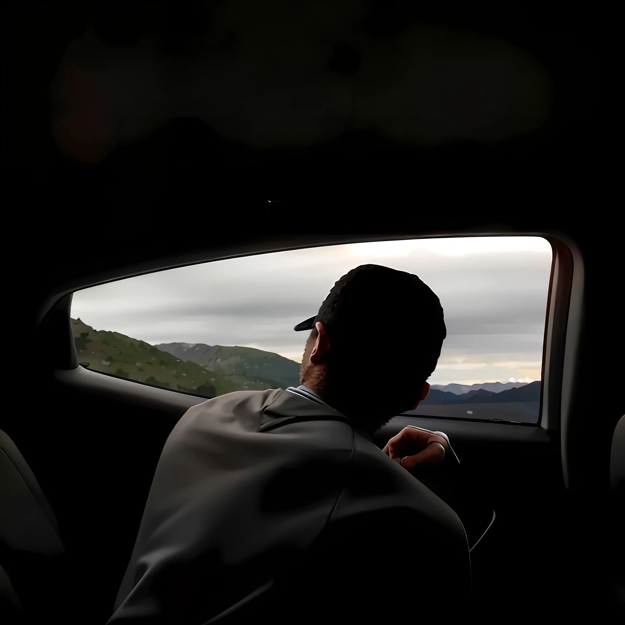 The Arafeld man sat in the car and looked out the window, traveling through the mountains, driving car, Driving, looking out, landscape from a car window, looking at the mountains, looking towards the horizon, side looking, Looking out the window, viewed through the cars window, low quality footage, pov from rear, looks out the window, on road