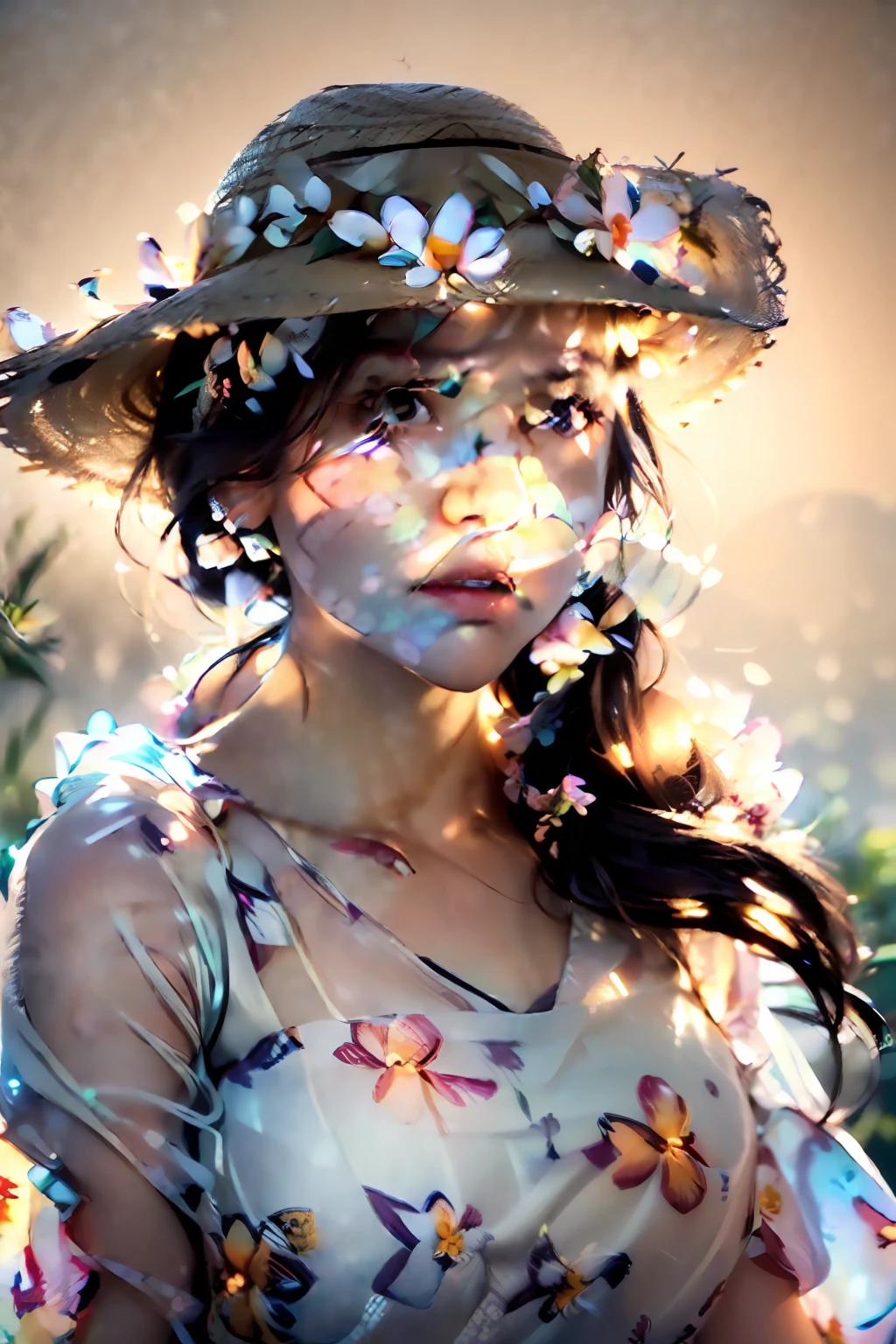 (extreme close up:1.5), (face focus:2),(Style of ???? ???:1.5),
((side face:2)),(1girl surrounded by soft_light:1.5), (backlighting:1.8), (lighting),(flowing fabric:1.3), ((Floral_summer_dress:1.5),(Straw_hat:1.3)),
(masterpiece), realistic, HDR, highly detailed, 8k, raw photo,
ambient occlusion, natural, harmonious composition, warm tones, fine art photography,